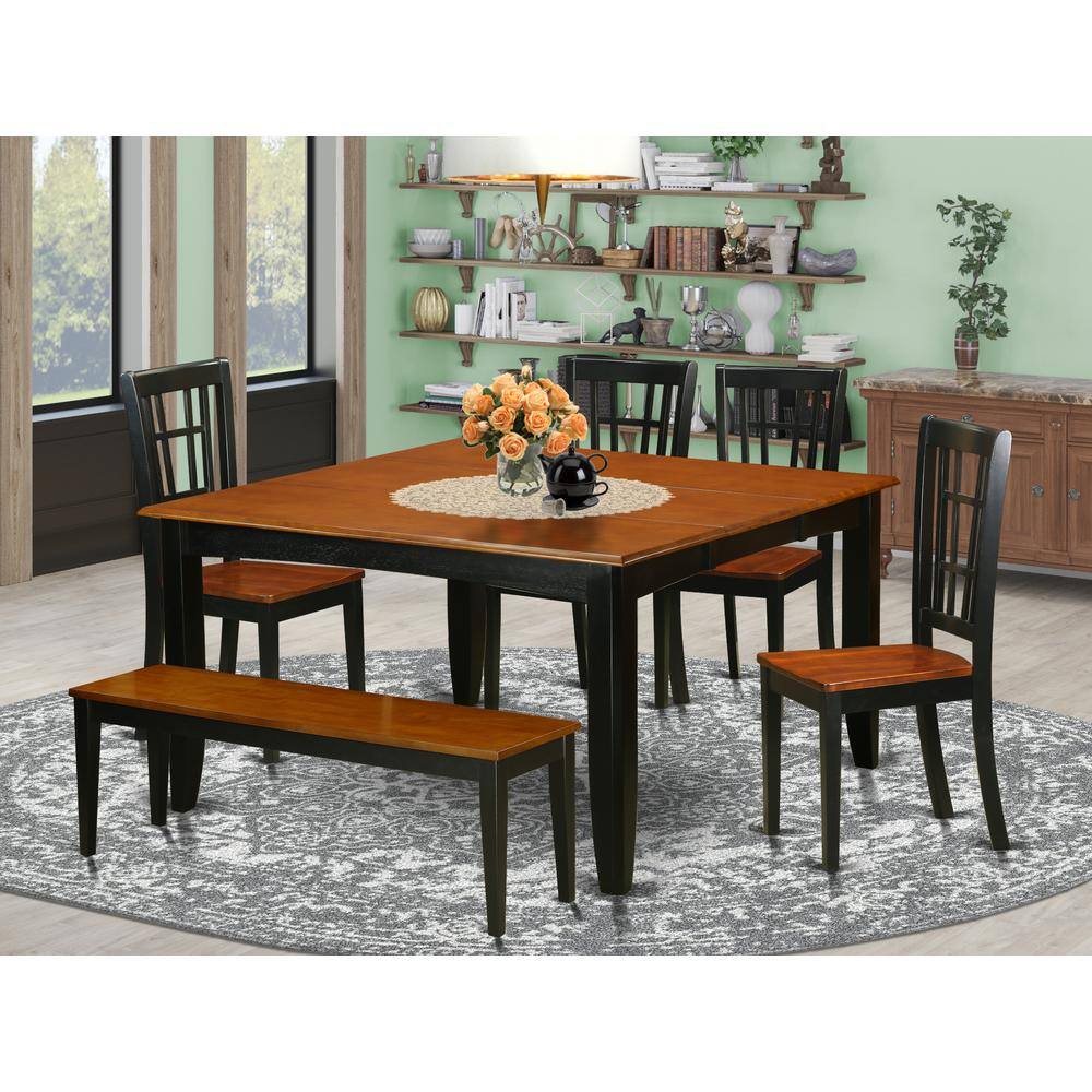 Alt View 2. East West Furniture - 6-PC Dining room set with bench-Dining Table and 4 Wooden Dining Chairs plus a bench - Black & Cherry.