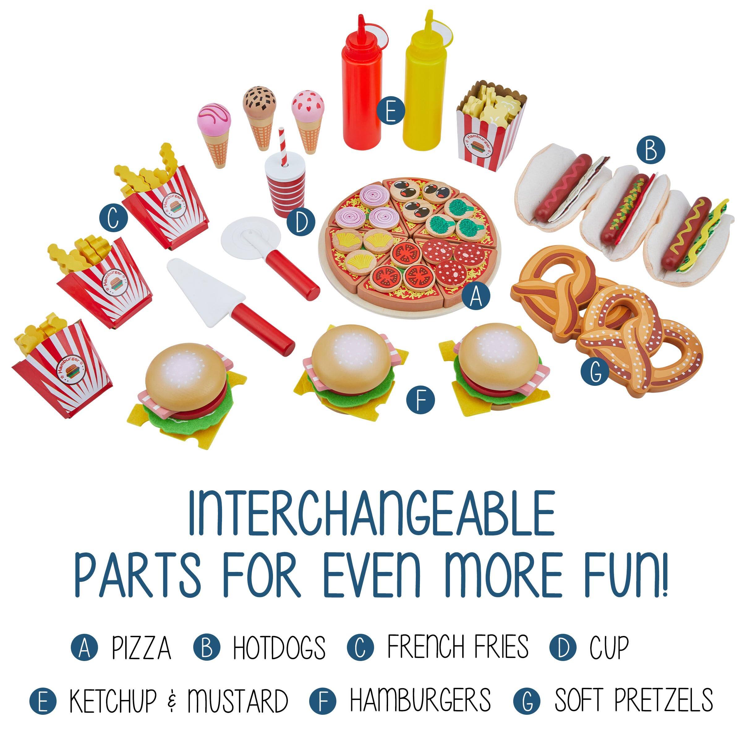 C D E

A PIZZA
B HOTDOGS
C FRENCH FRIES
D CUP
E KETCHUP & MUSTARD
F HAMBURGERS
G SOFT PRETZELS