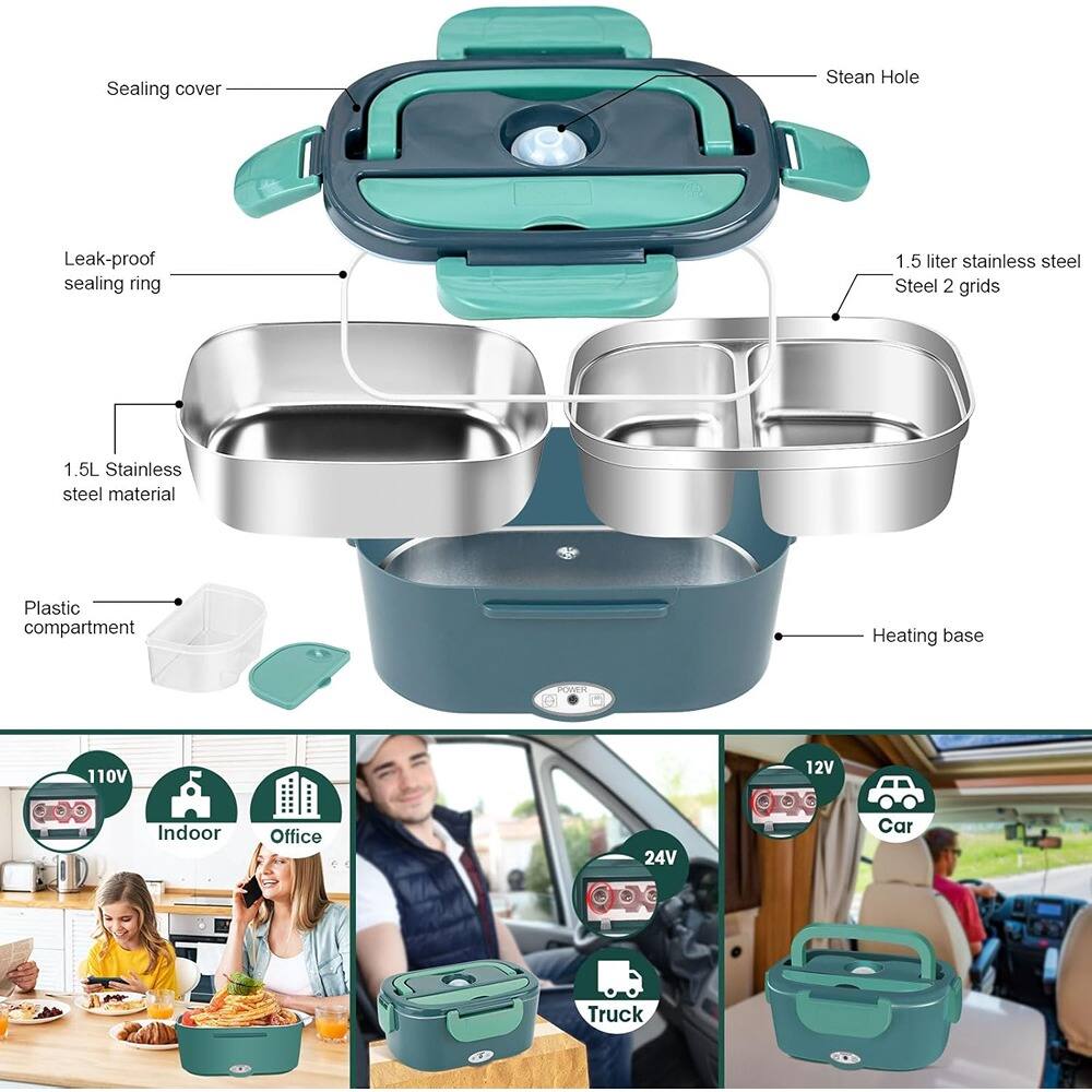 Sealing cover  
Leak-proof sealing ring  
1.5L Stainless steel material  
Plastic compartment  
Heating base  

1.5 liter stainless steel  
Steel 2 grids  

POWER  
110V  
Indoor  
Office  

12V  
Car  

24V  
Truck