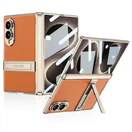 Dteck - Shockproof Leather Texture Case for Samsung Galaxy Z Fold8 with Stand, Electroplated Hinge Cover Built in Screen Glass - Orange
