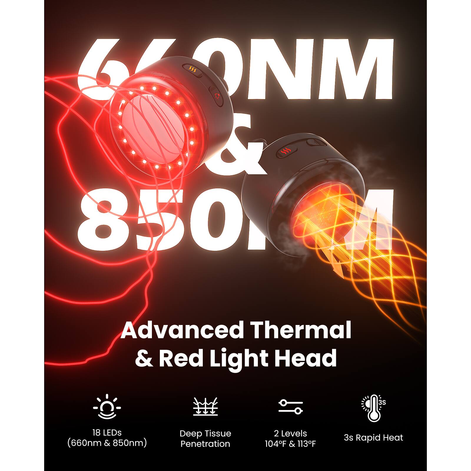 660nm & 850nm  
Advanced Thermal & Red Light Head  
18 LEDs (660nm & 850nm)  
Deep Tissue Penetration  
2 Levels (104°F & 113°F)  
3s Rapid Heat