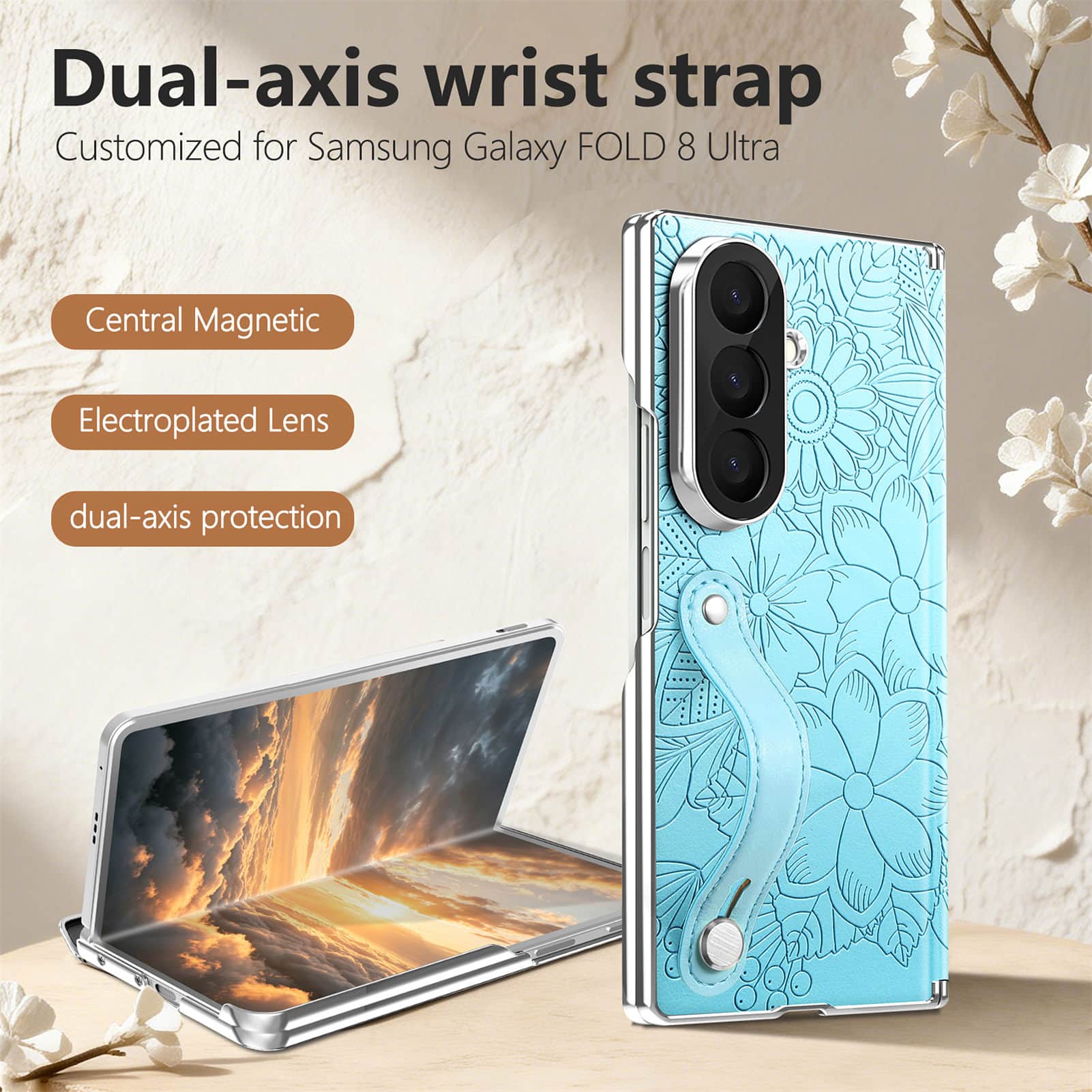 Dteck - Shockproof Case for Samsung Galaxy Z Fold8 Ultra with Wristband, Floral Leather Texture Rigid Plastic Hinge Phone Cover - Blue price history on PriceWatchPro
