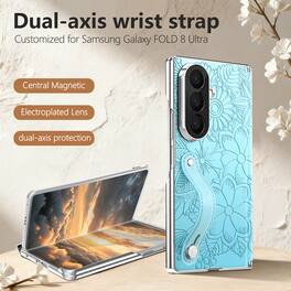 Dteck - Shockproof Case for Samsung Galaxy Z Fold8 Ultra with Wristband, Floral Leather Texture Rigid Plastic Hinge Phone Cover - Blue