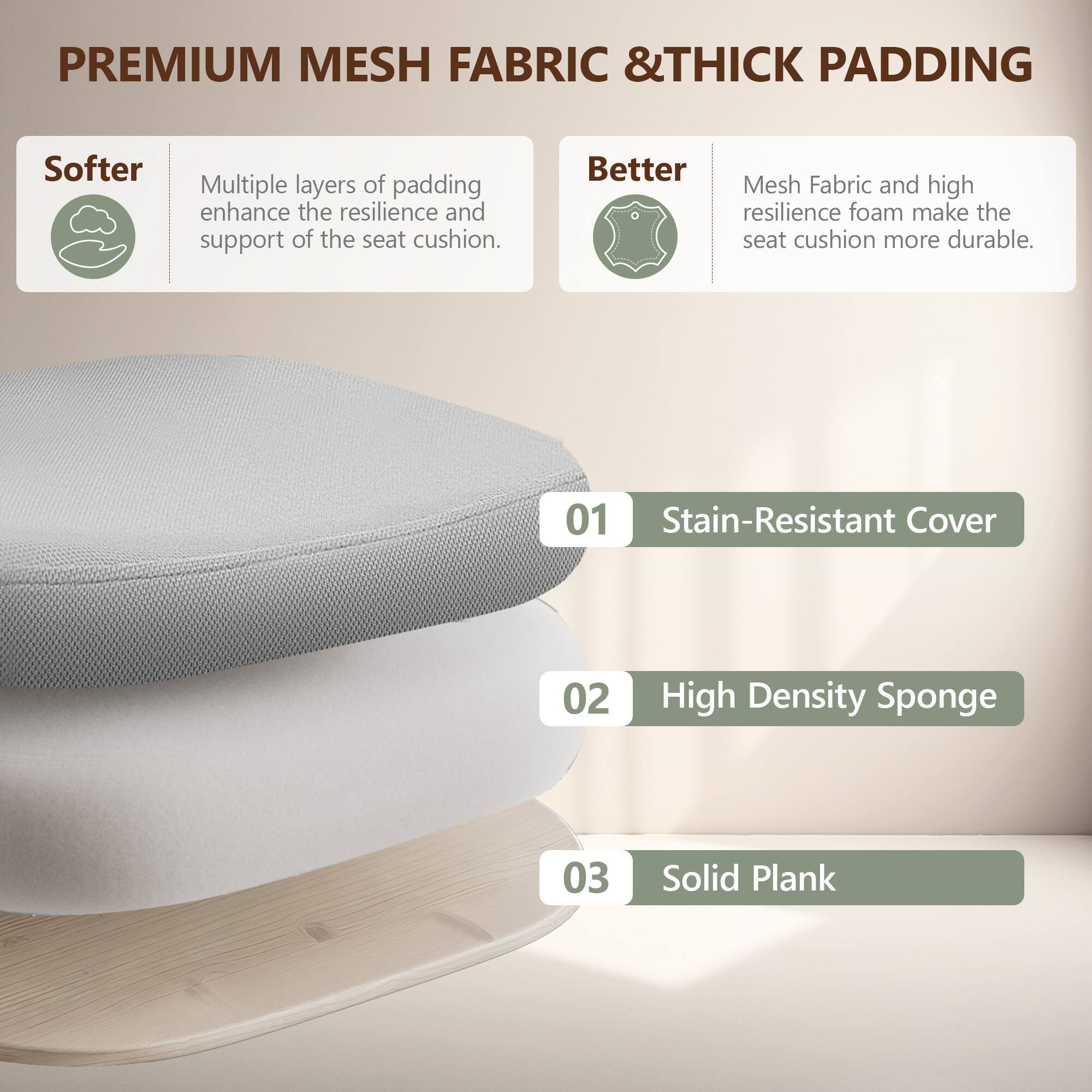 **PREMIUM MESH FABRIC & THICK PADDING**

- **Softer**  
  Multiple layers of padding enhance the resilience and support of the seat cushion.

- **Better**  
  Mesh Fabric and high resilience foam make the seat cushion more durable.

- **01** Stain-Resistant Cover  
- **02** High Density Sponge  
- **03** Solid Plank