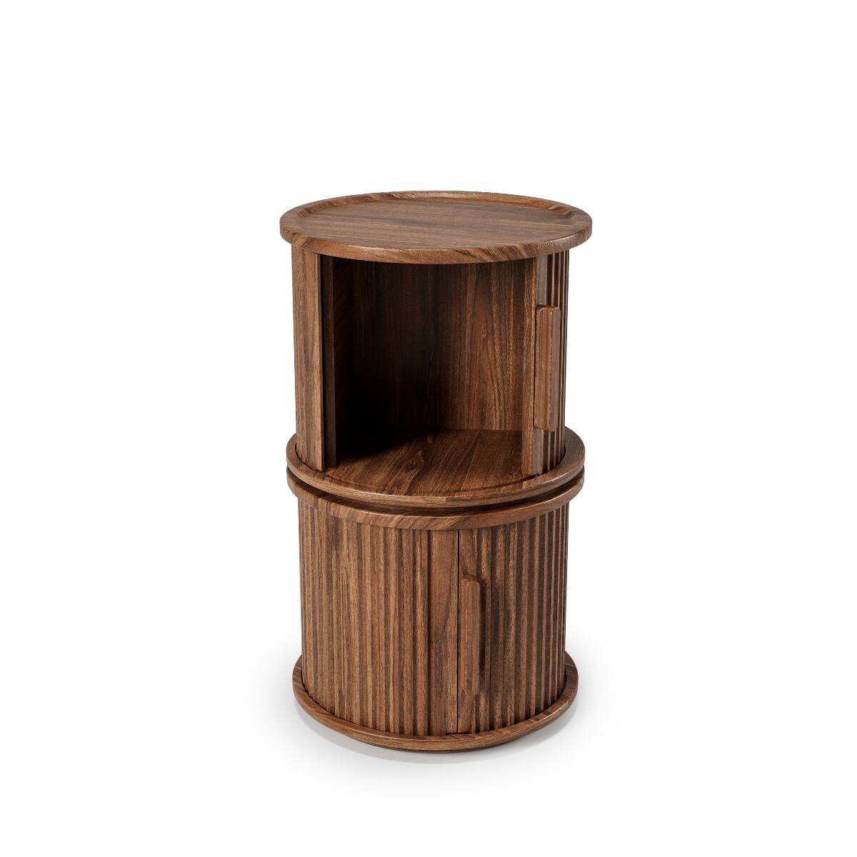 Alt View 6. Loheer - Loheer Round Coffee Table Set, Walnut Fluted Sliding Door Storage Tables for Living Room - Walnut.