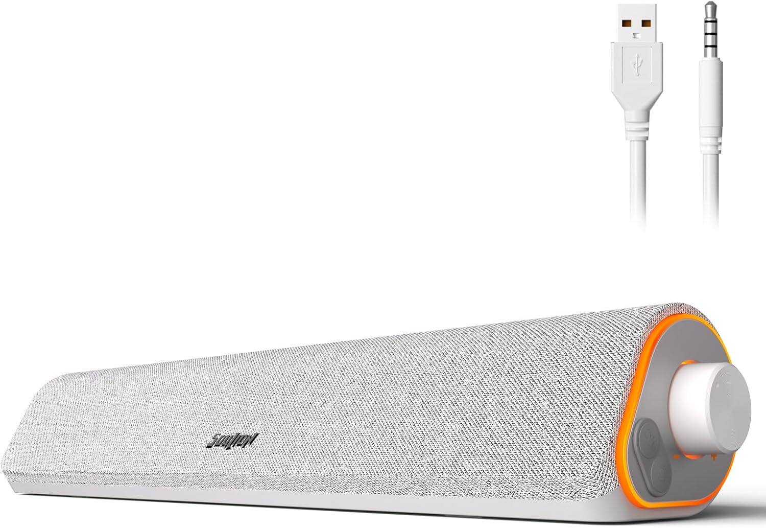 Stamp n Camp - SOULION R50 Bluetooth Computer Speakers, 3.5mm PC Sound Bar for Desktop Monitor, Wired USB Powered & Colorful LED with - White