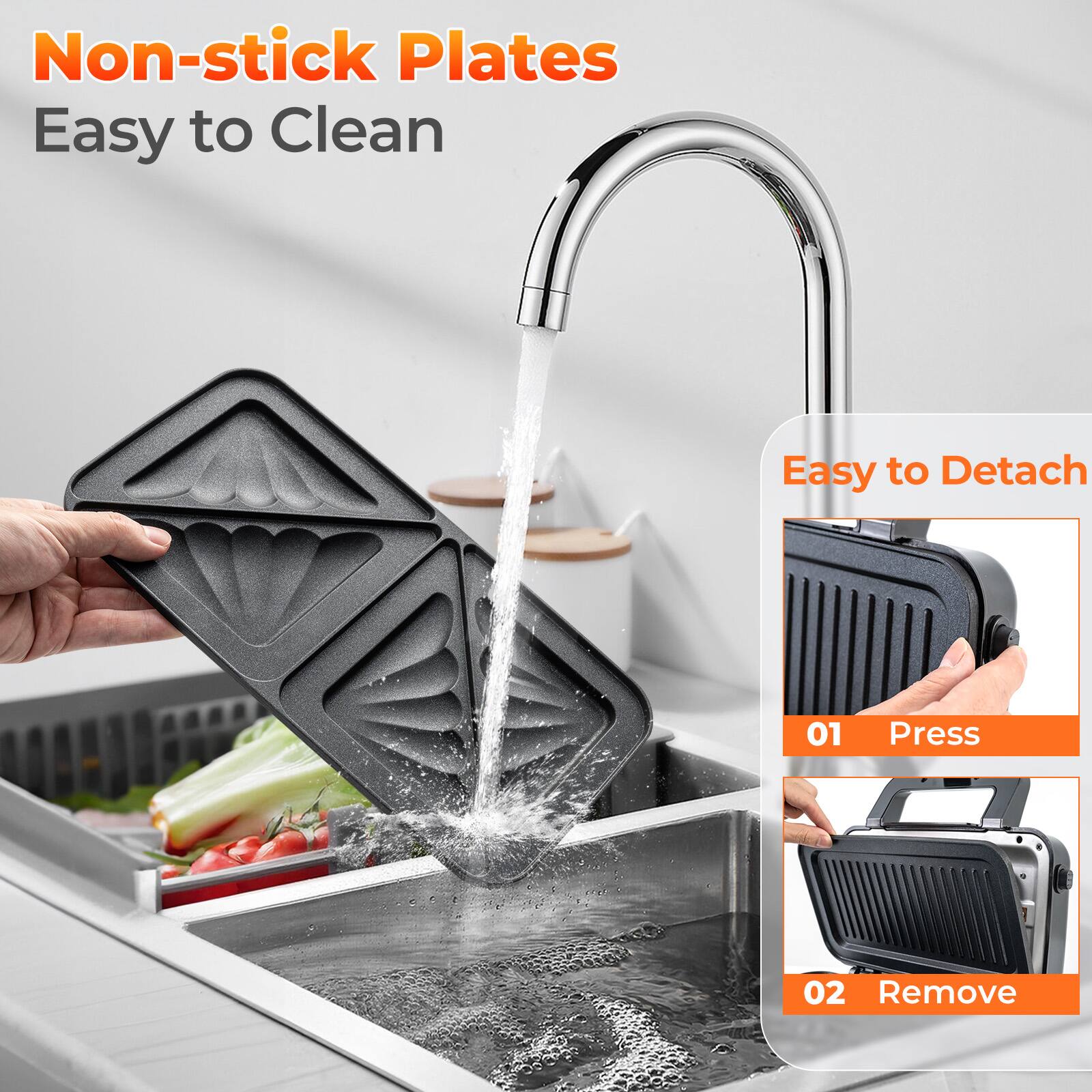 Non-stick Plates  
Easy to Clean  

Easy to Detach  
01 Press  
02 Remove