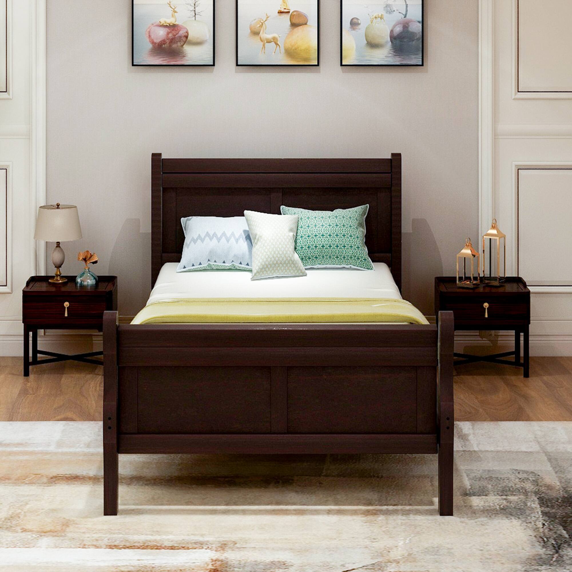 Back. GOODSILO - Solid Wood Twin Platform Bed Frame with Headboard and Footboard for Modern Bedroom Decor - Espresso.