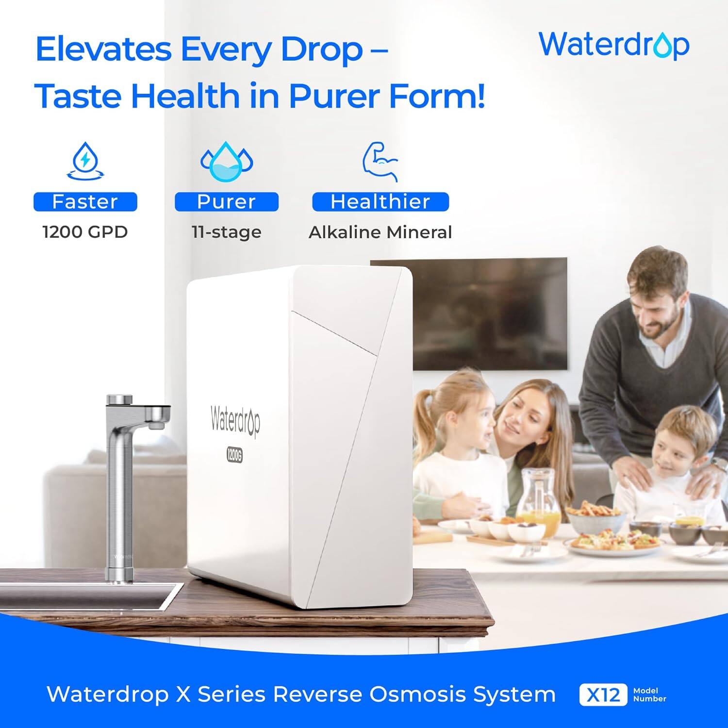 Elevates Every Drop - Waterdrop Taste Health in Purer Form! Faster 1200 GPD Purer 11-stage Healthier Alkaline Mineral Waterdrop X Series Reverse Osmosis System X12 Model