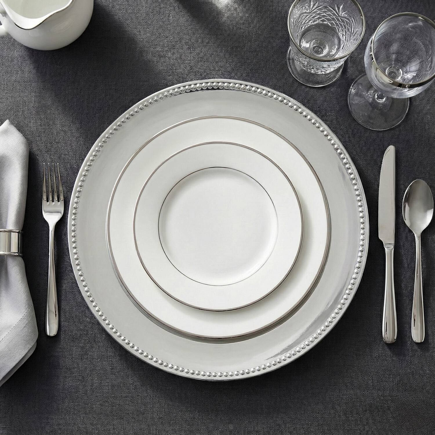 Left. American Atelier - Silver Round Beaded Charger Plate Set- 12 Pieces - Silver.