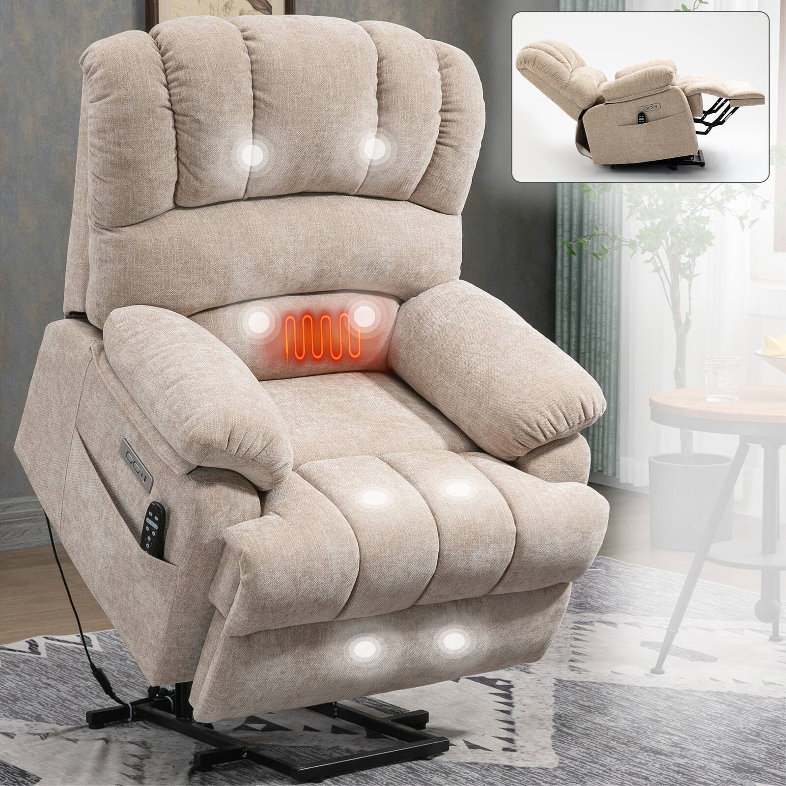 Angle. LUCKY ONE - Chenille Electric Lift Recliner Chair with 8-Point Massage, USB Port, Side Pockets - Beige.