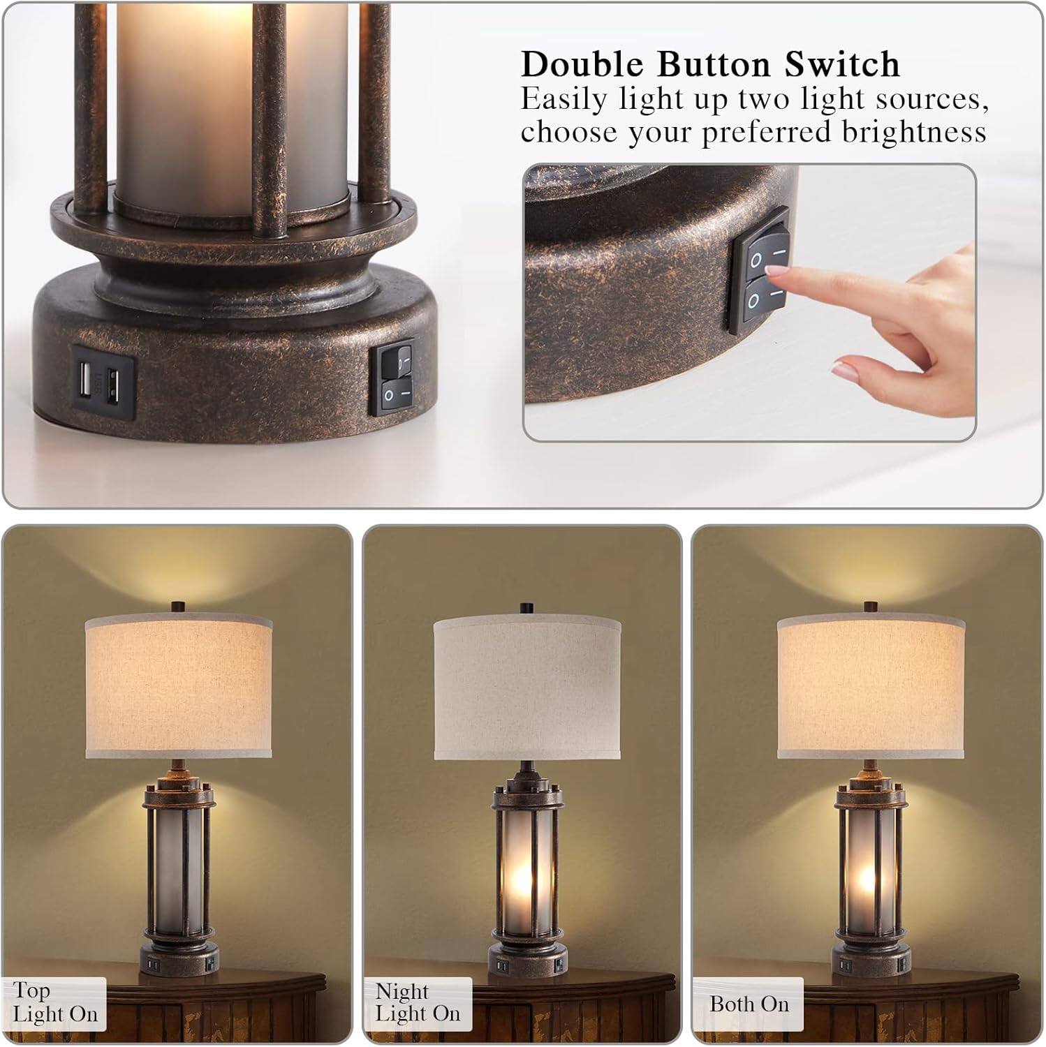 Double Button Switch  
Easily light up two light sources, choose your preferred brightness  

Top Light On  
Night Light On  
Both On