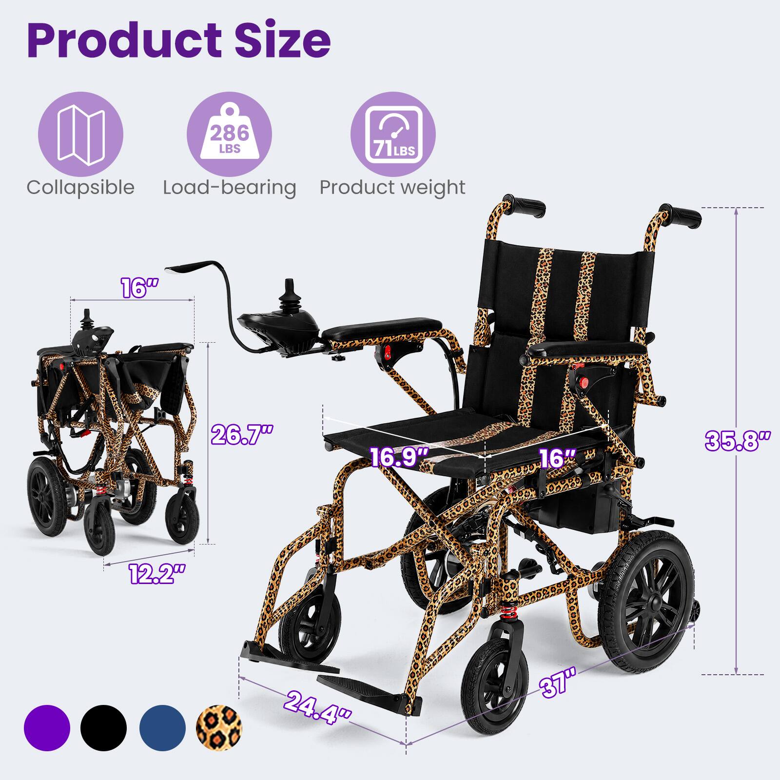 Product Size  
- Collapsible  
- Load-bearing: 286 LBS  
- Product weight: 71 LBS  

Dimensions:  
- 16"  
- 26.7"  
- 16.9"  
- 16"  
- 12.2"  
- 24.4"  
- 35.8"  
- 37"
