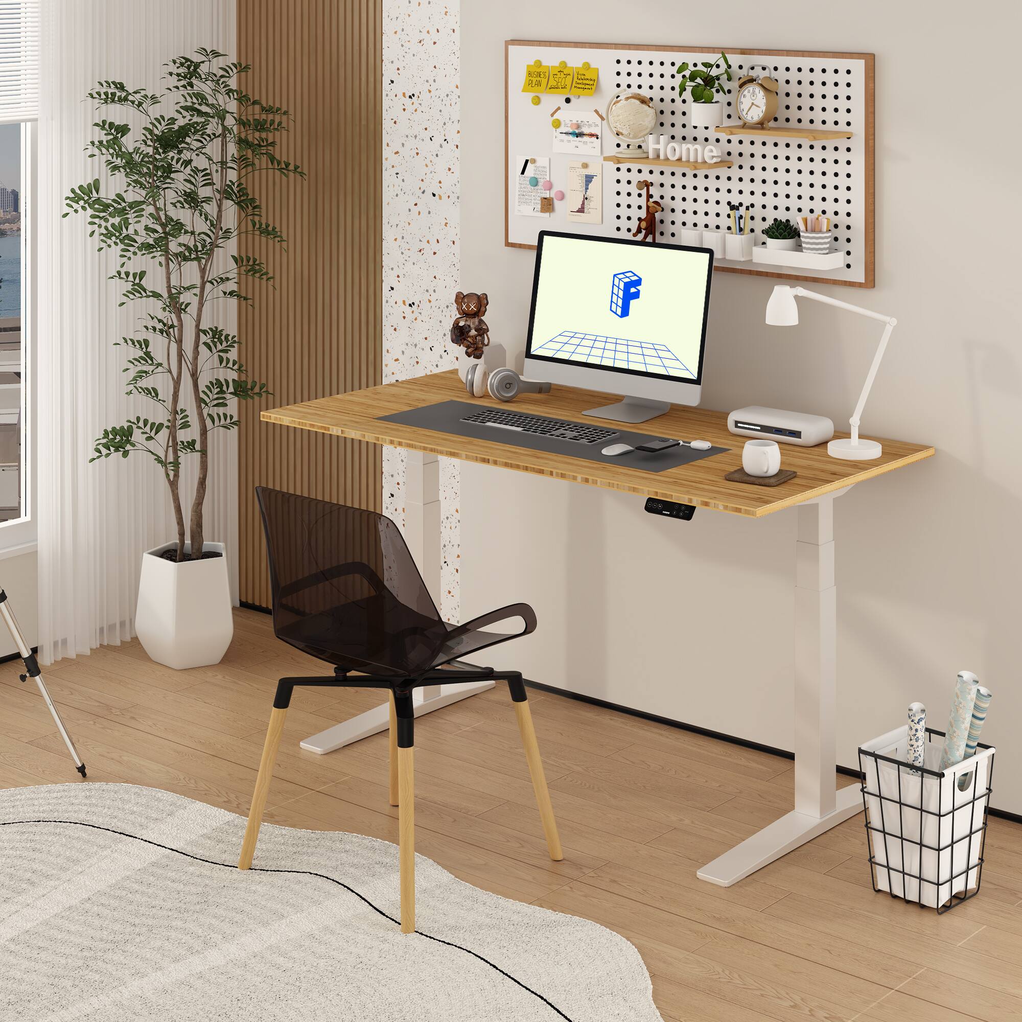 Alt View 4. FlexiSpot - FlexiSpot E7Pro 60''W Electric Adjustable Standing Desk, Bamboo/White - Bamboo.