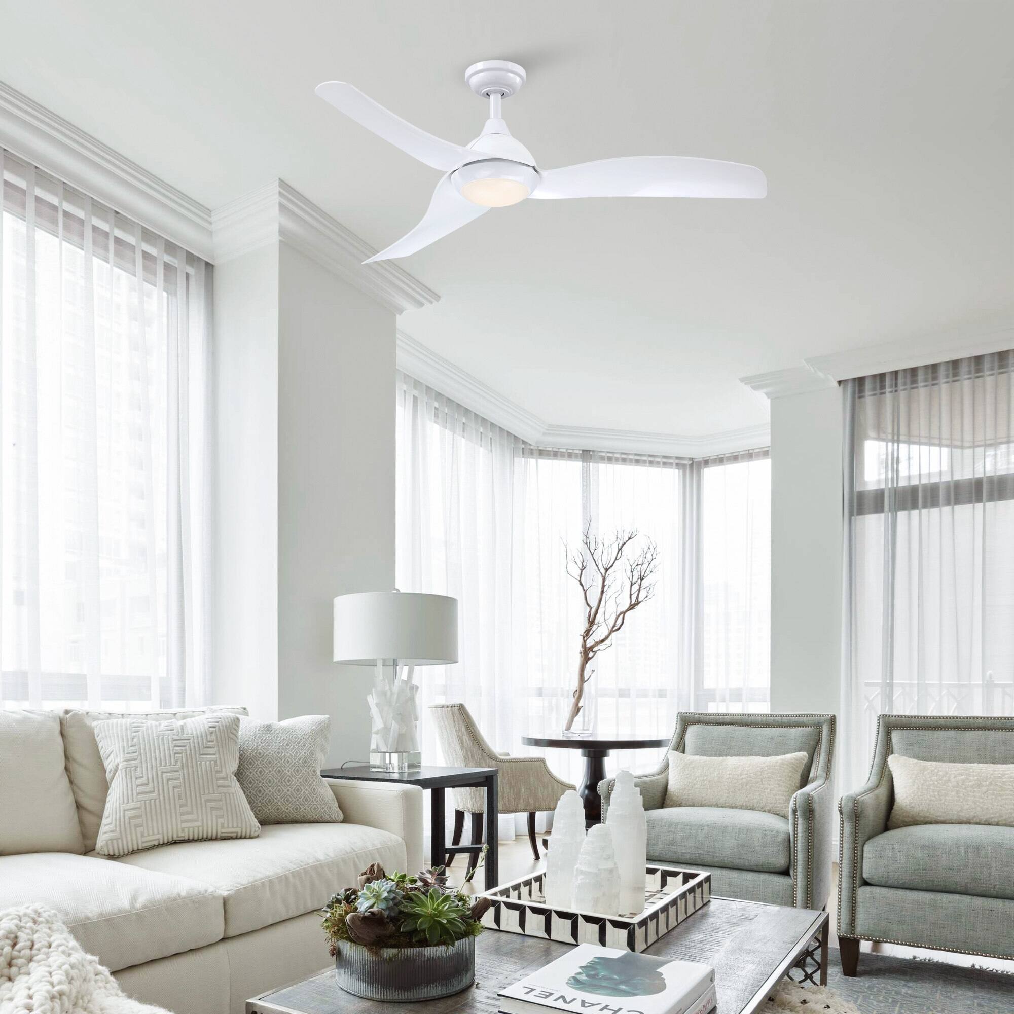 Left. Parrot Uncle - 52 in. Modern Propeller Integrated LED White Ceiling Fan with Light and Remote - White.