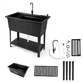 Costway - 26.42 gal Utility Sink, Laundry Tub with Rotating Faucet, Storage Shelf, Drip Tray - Black