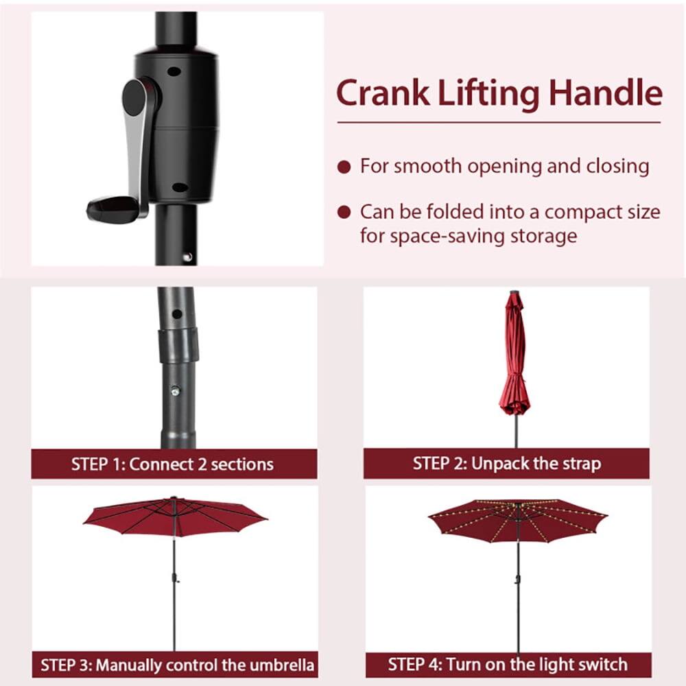 Crank Lifting Handle

- For smooth opening and closing
- Can be folded into a compact size for space-saving storage

STEP 1: Connect 2 sections

STEP 2: Unpack the strap

STEP 3: Manually control the umbrella

STEP 4: Turn on the light switch