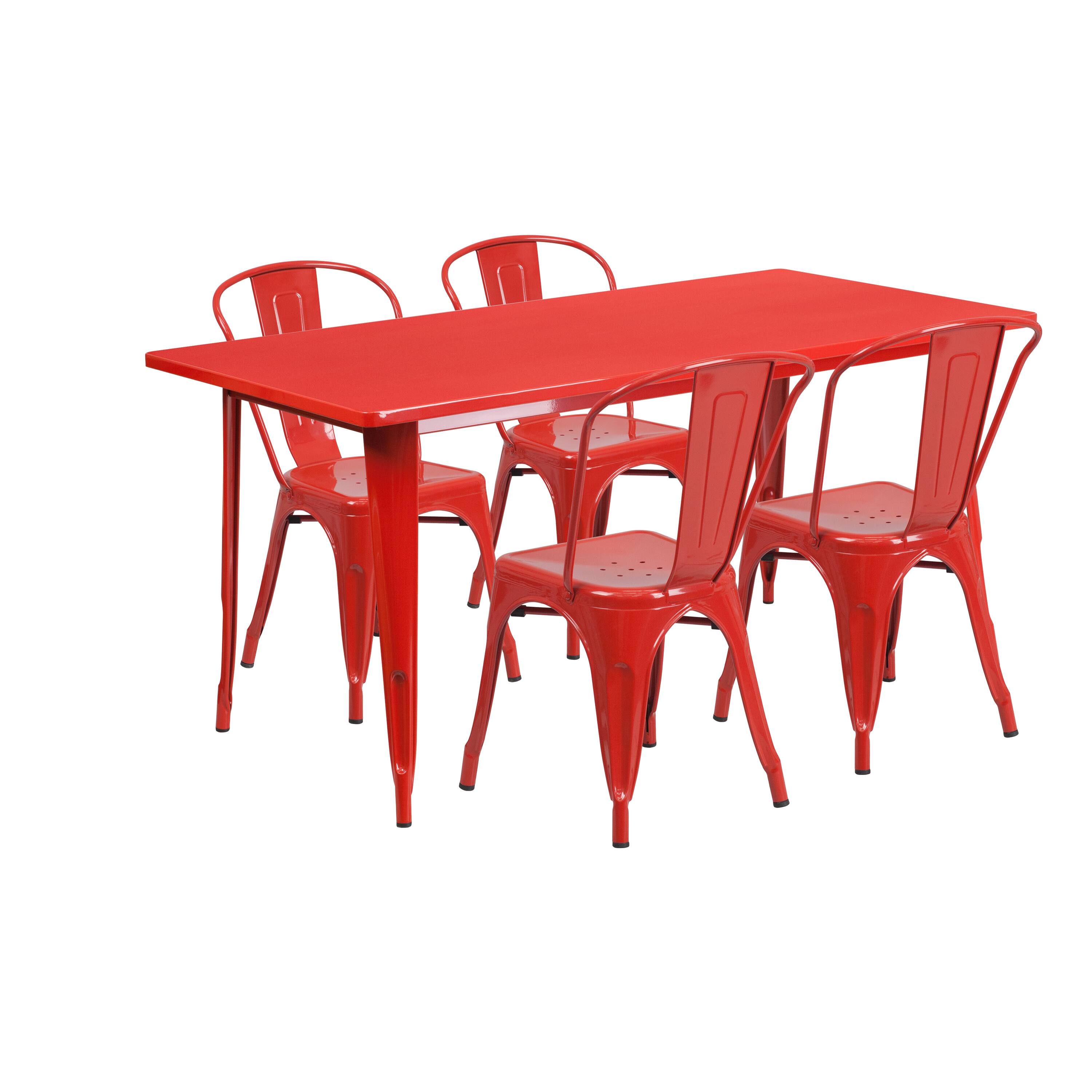 Alt View 1. Emma + Oliver - Commercial Grade Rectangular Metal Indoor-Outdoor Table Set with 4 Stack Chairs - Red.