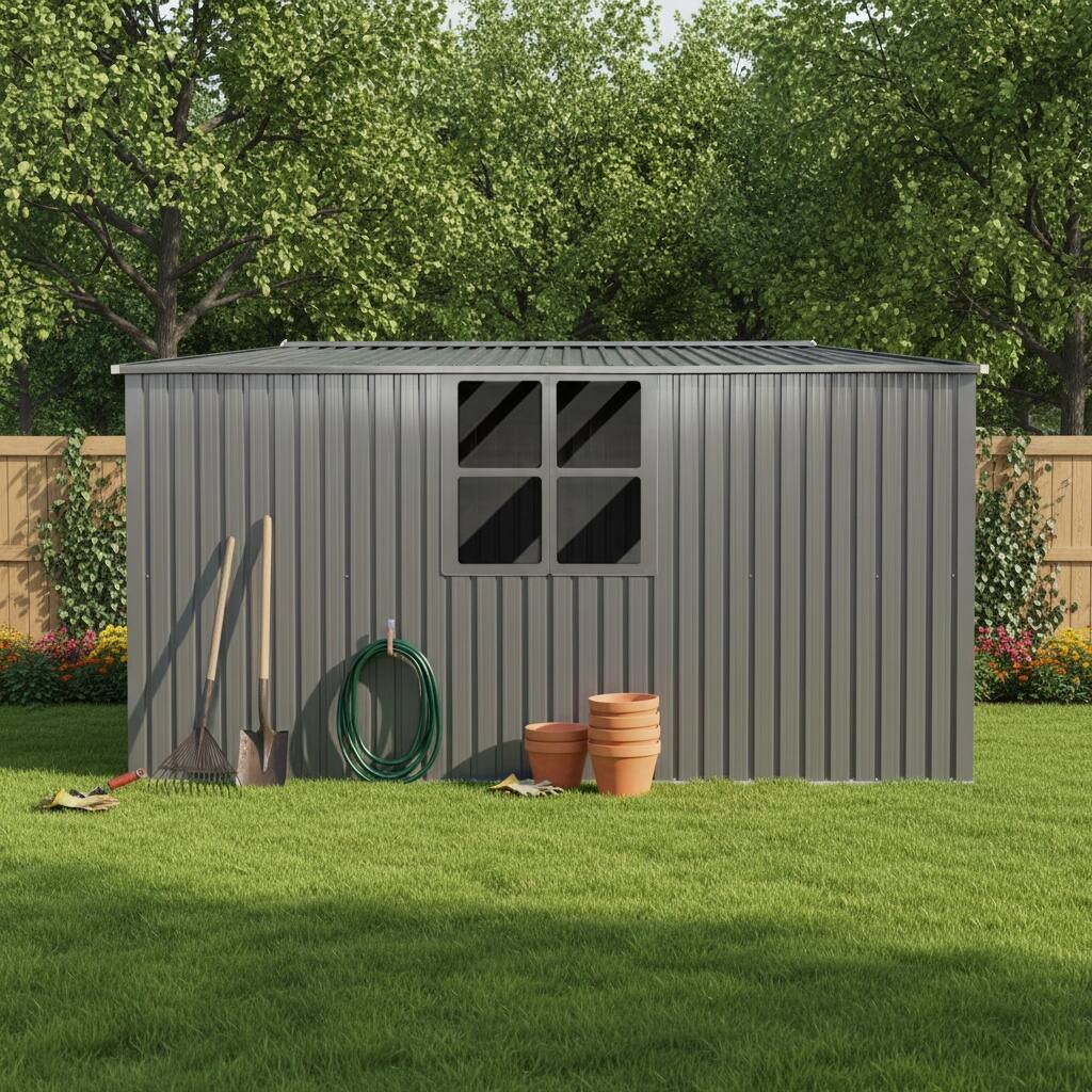 Alt View 1. Mondawe - 14x12 Ft Outdoor Storage Shed with Tool Space and Firewood Storage - Grey.