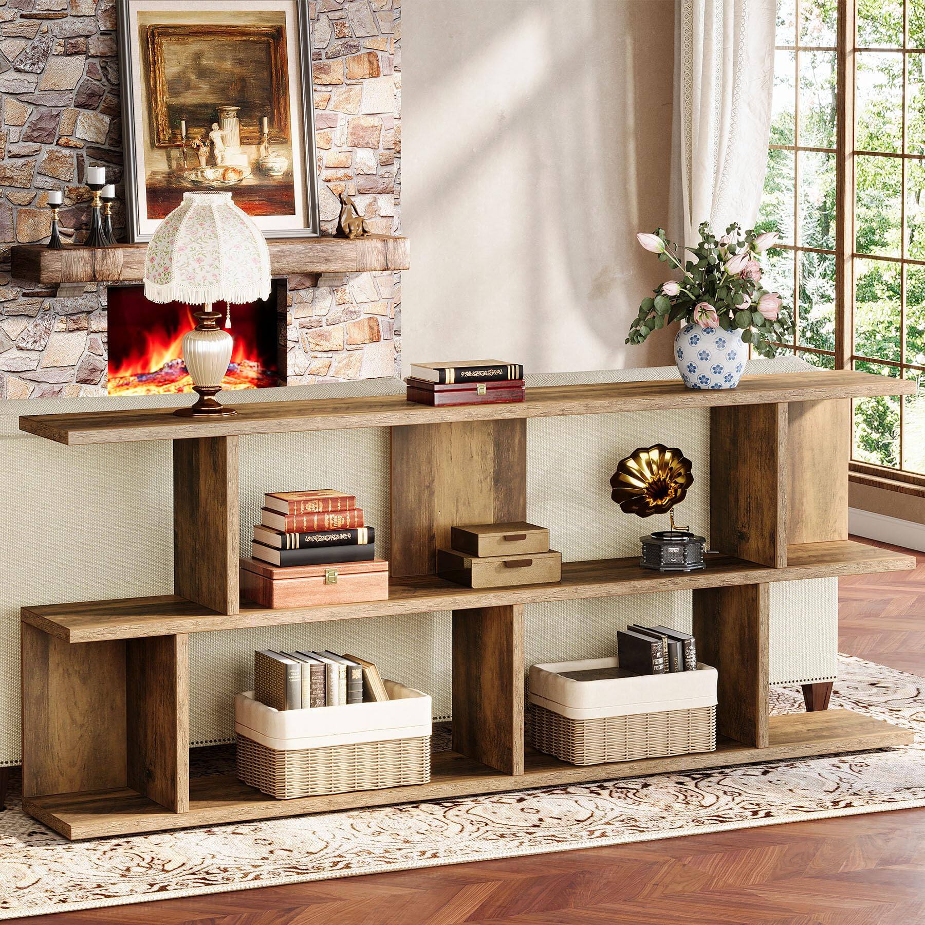 Back. Tribesigns - 71 Inches Extra Long Sofa Table Behind Couch, 3 Tier Farmhouse Console Table, Long Foyer Table with Storage for Hallway, - Brown.