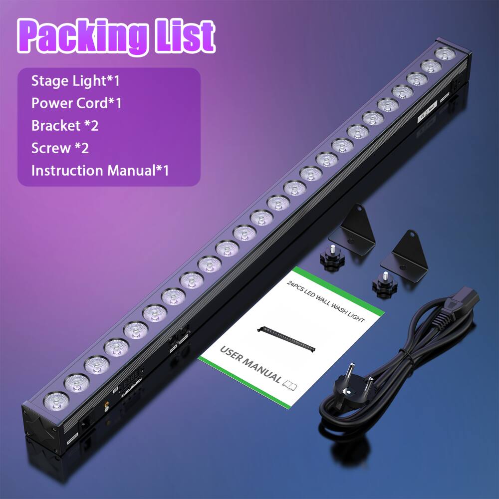 Packing List

- Stage Light*1
- Power Cord*1
- Bracket *2
- Screw *2
- Instruction Manual*1

24PCS LED WALL WASH LIGHT

USER MANUAL