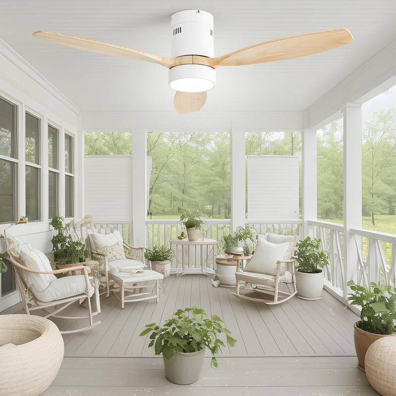 Alt View 8. Sofucor - Sofucor 52'' Flush Mount Ceiling Fan without Lights Remote Control Wood Blades Reversible DC Motor Indoor Outdoor - White Wood.