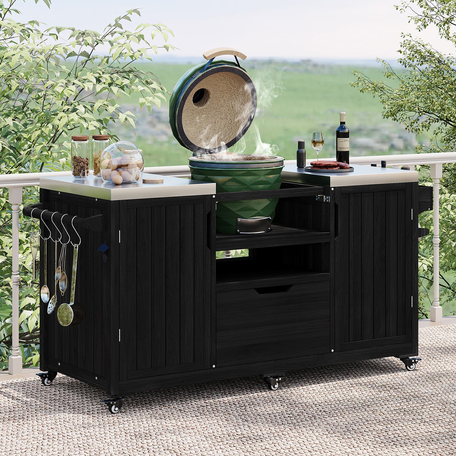 Chateau Abodes - 66.5" Outdoor Kitchen Island for Big Green Egg & Kamado Joe, Solid Wood Cart with Stainless Steel Top & Drawer - Black