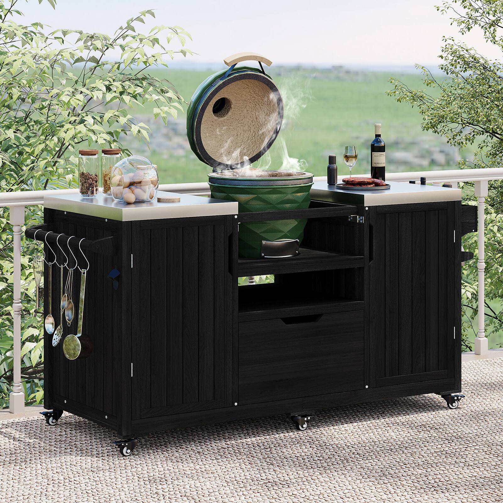 Front. Chateau Abodes - 66.5" Outdoor Kitchen Island for Big Green Egg & Kamado Joe, Solid Wood Cart with Stainless Steel Top & Drawer - Black.