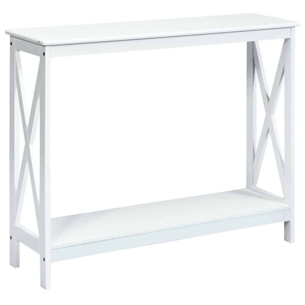 Back. Resenkos - 2-Tier Console X-Design Sofa Side Accent Table-White, Narrow Console Table, Entryway Hall Table with Shelves - White.