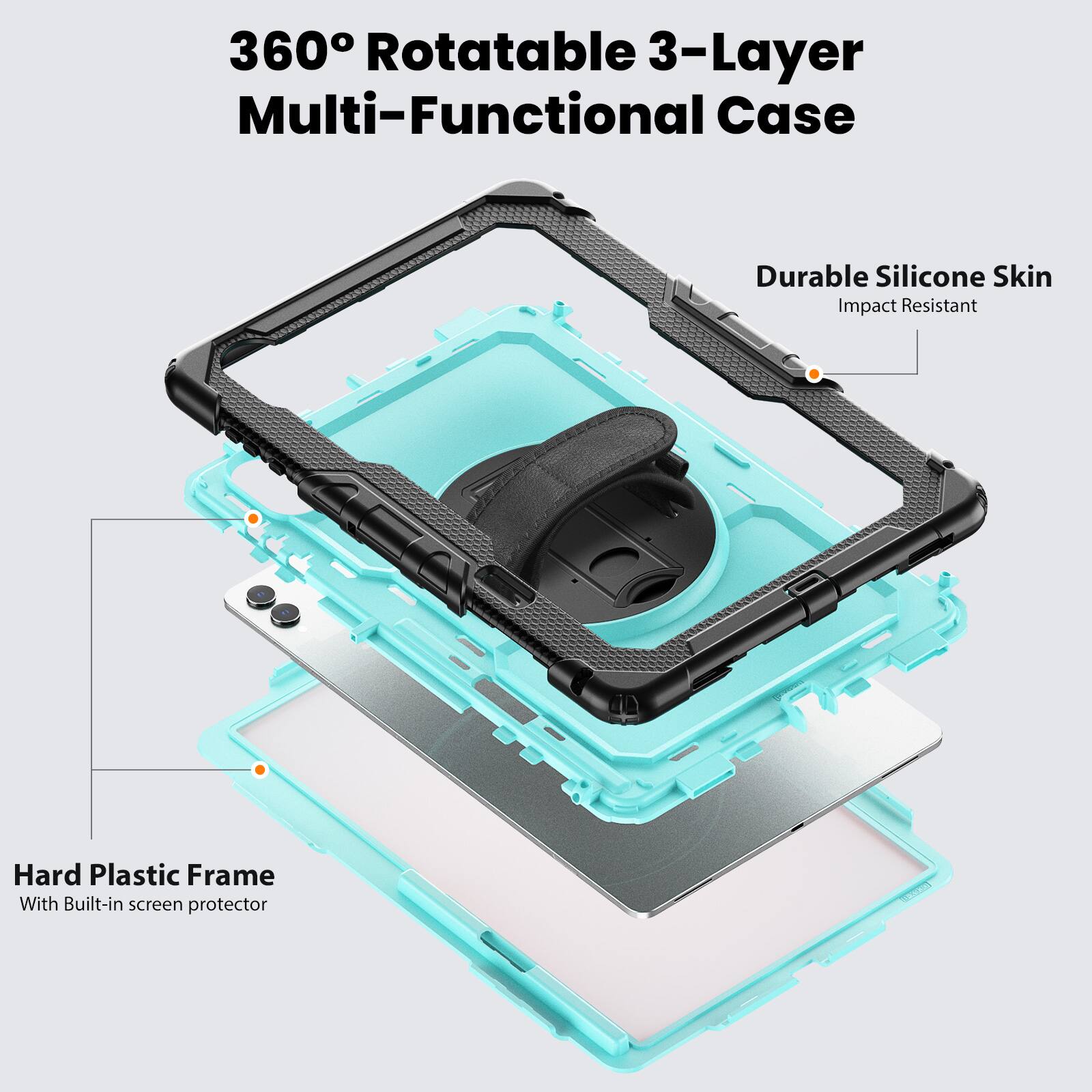 360° Rotatable 3-Layer Multi-Functional Case

Durable Silicone Skin
Impact Resistant

Hard Plastic Frame
With Built-in screen protector