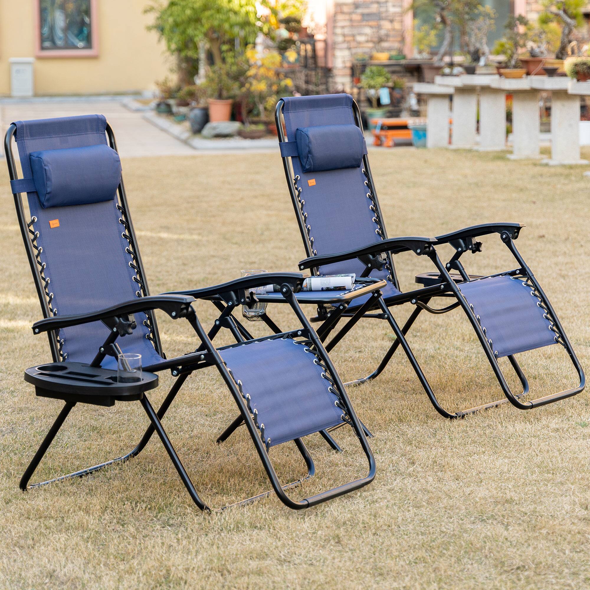 Alt View 1. Outsunny - Zero Gravity Chair Set with Side Table, Folding Reclining Chair with Cupholders & Pillows, Adjustable Lounge Chair - Blue.