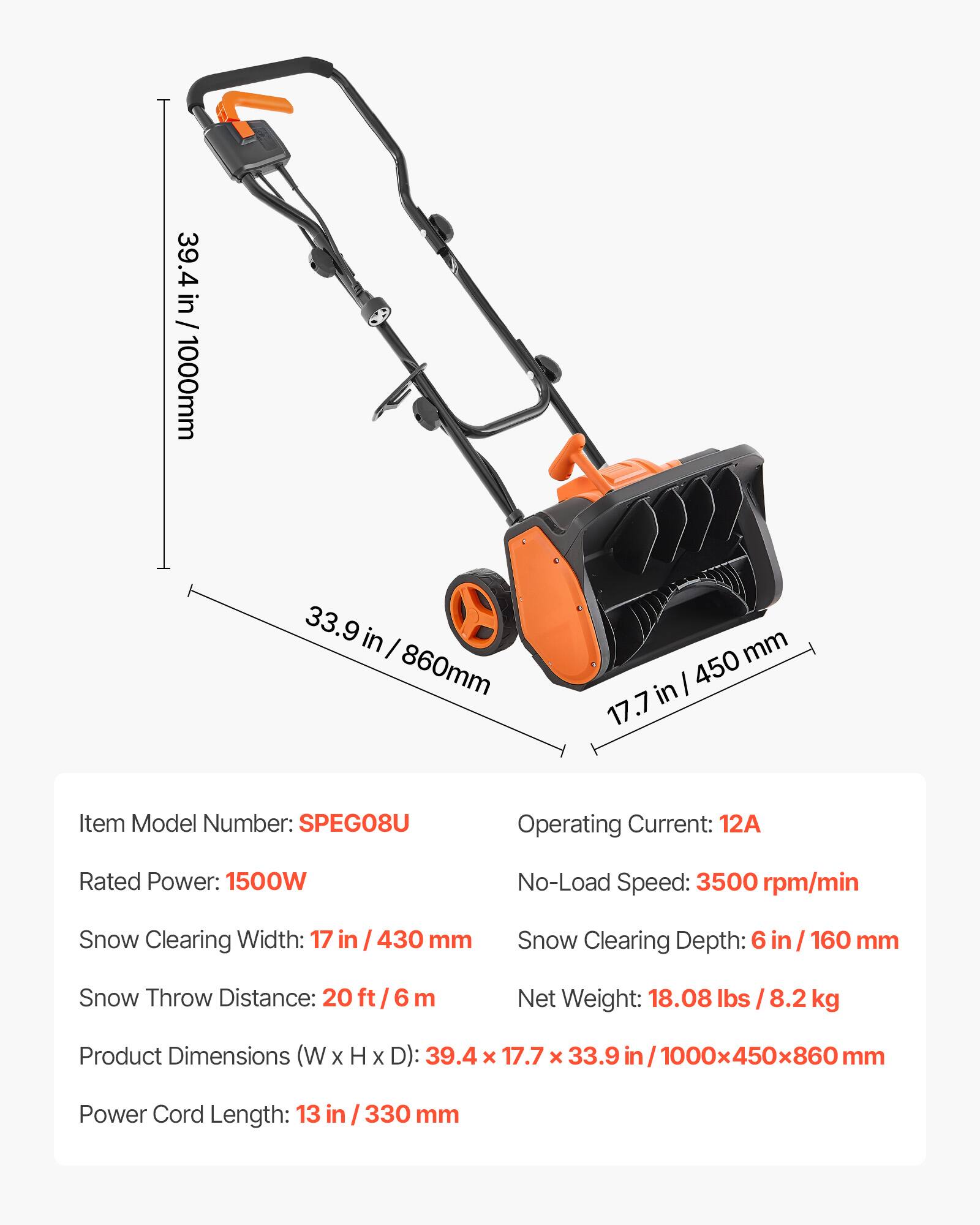 39.4 in / 1000mm  
33.9 in / 860mm  
17.7 in / 450mm  

Item Model Number: SPEGO8U  
Operating Current: 12A  
Rated Power: 1500W  
No-Load Speed: 3500 rpm/min  
Snow Clearing Width: 17 in / 430 mm  
Snow Clearing Depth: 6 in / 160 mm  
Snow Throw Distance: 20 ft / 6 m  
Net Weight: 18.08 lbs / 8.2 kg  
Product Dimensions (W x H x D): 39.4 x 17.7 x 33.9 in / 1000x450x860 mm  
Power Cord Length: 13 in / 330 mm