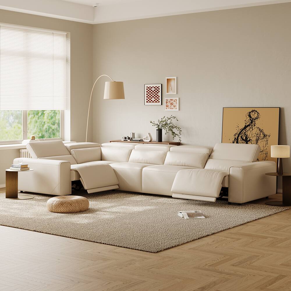Left. POVISON - 141" Minimalist Power Reclining Sectional L-shaped Leather Sofa,  2 Deep Seat 90°-145° Recline, Waterproof,Black - Beige Sustainable Leather.