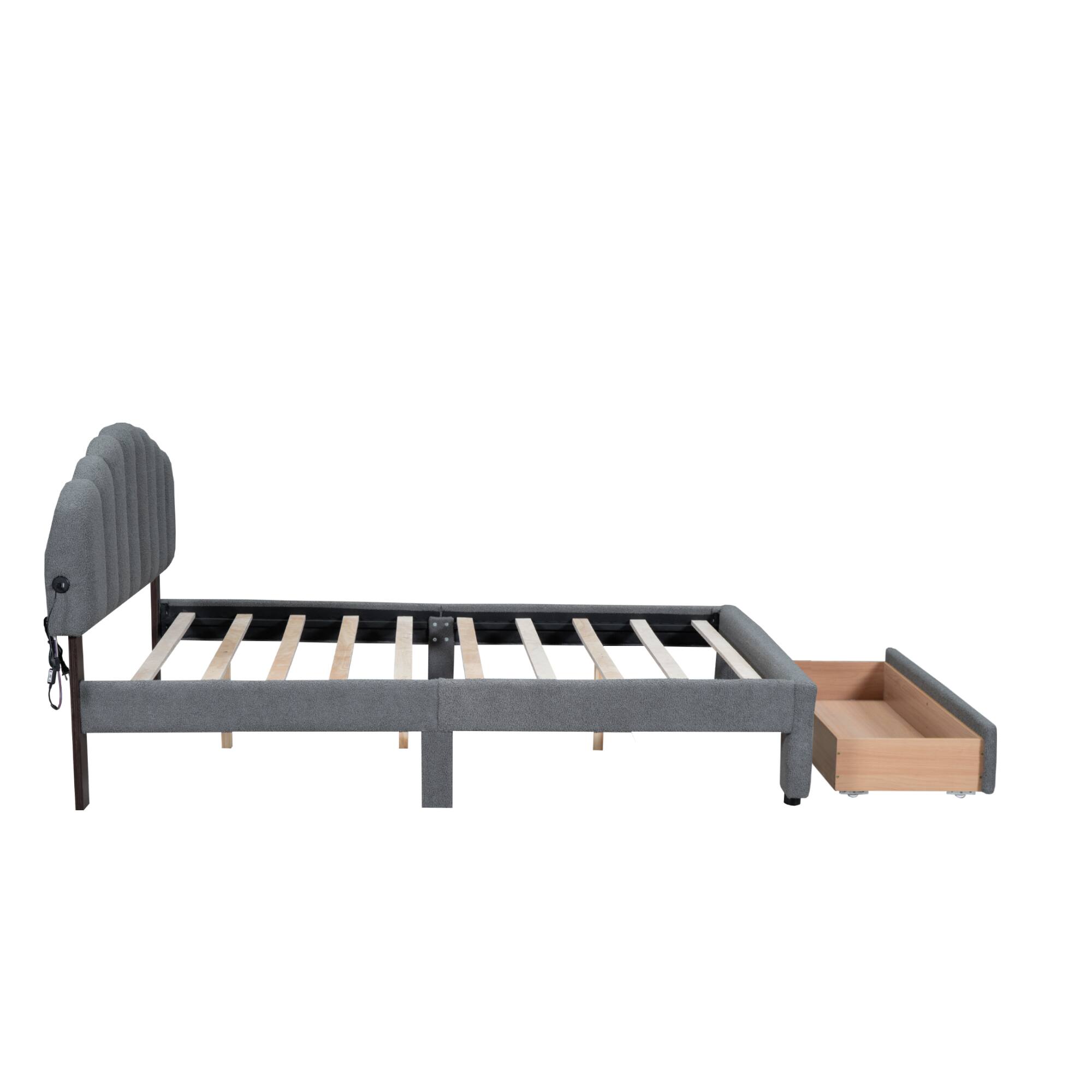 Alt View 1. Tiramisubest - Teddy Fleece Queen Size Upholstered Platform Bed with Drawer, Gray - Gray.