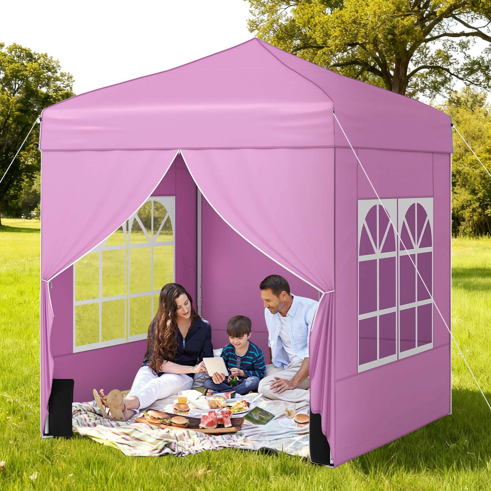 Alt View 1. Costway - Costway 6.5 x 6.5 FT Pop up Canopy Tent with 4 Sidewalls, Wheeled Bag, 4 Sandbags, 8 Stakes - Pink.