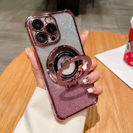 Dteck - Magnetic Clear Back Case with Ring Kickstand Removable Gradient Glitter for iPhone 16 Pro Max - Rosegold