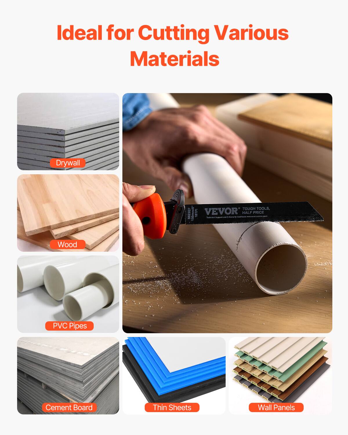Ideal for Cutting Various Materials

- Drywall
- Wood
- PVC Pipes
- Cement Board
- Thin Sheets
- Wall Panels