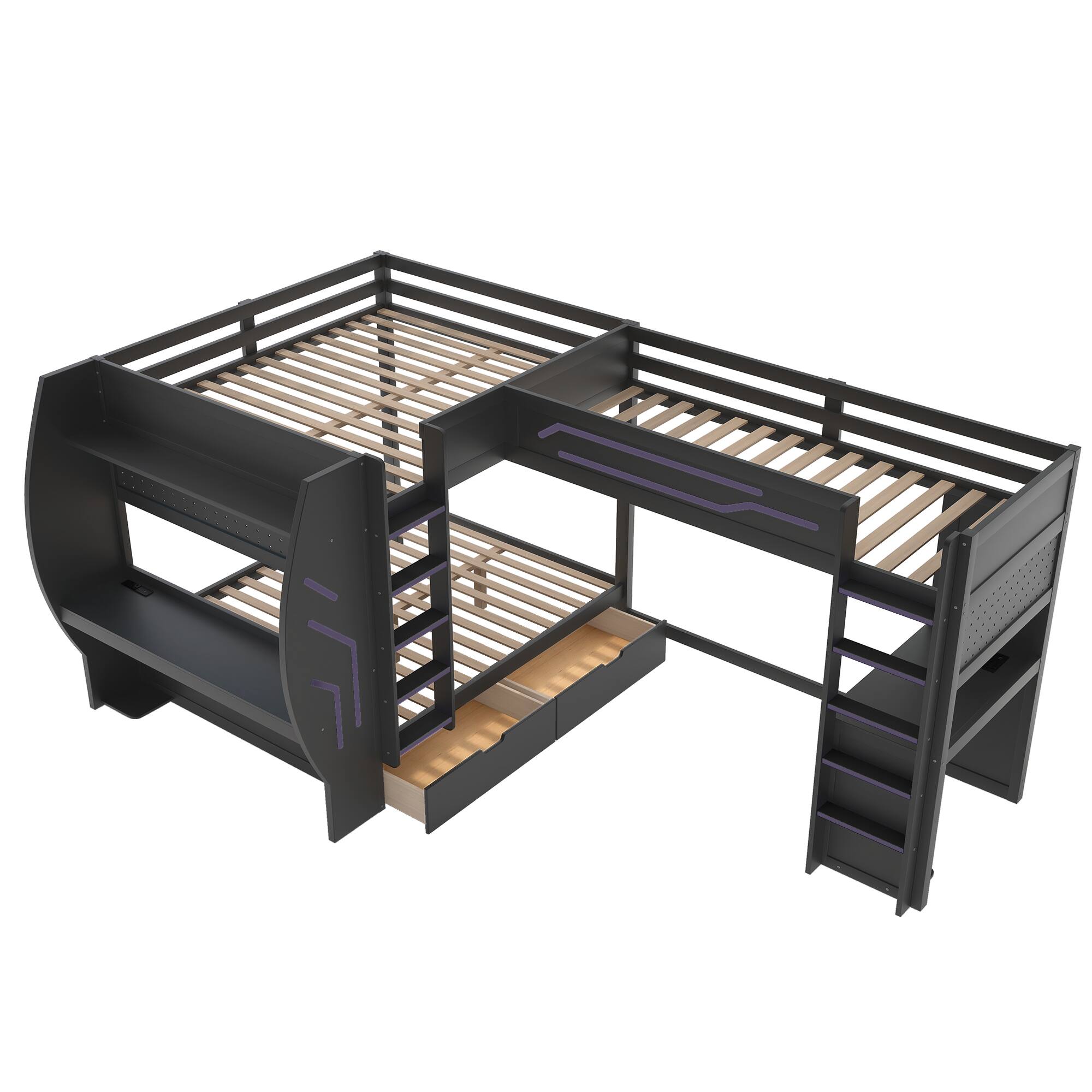 Alt View 1. Whisen - L-Shaped Full and Twin Size Gaming Bunk Bed with Built-in Desks,Storage,Pegboard,LED Light and Charging Station - Black.