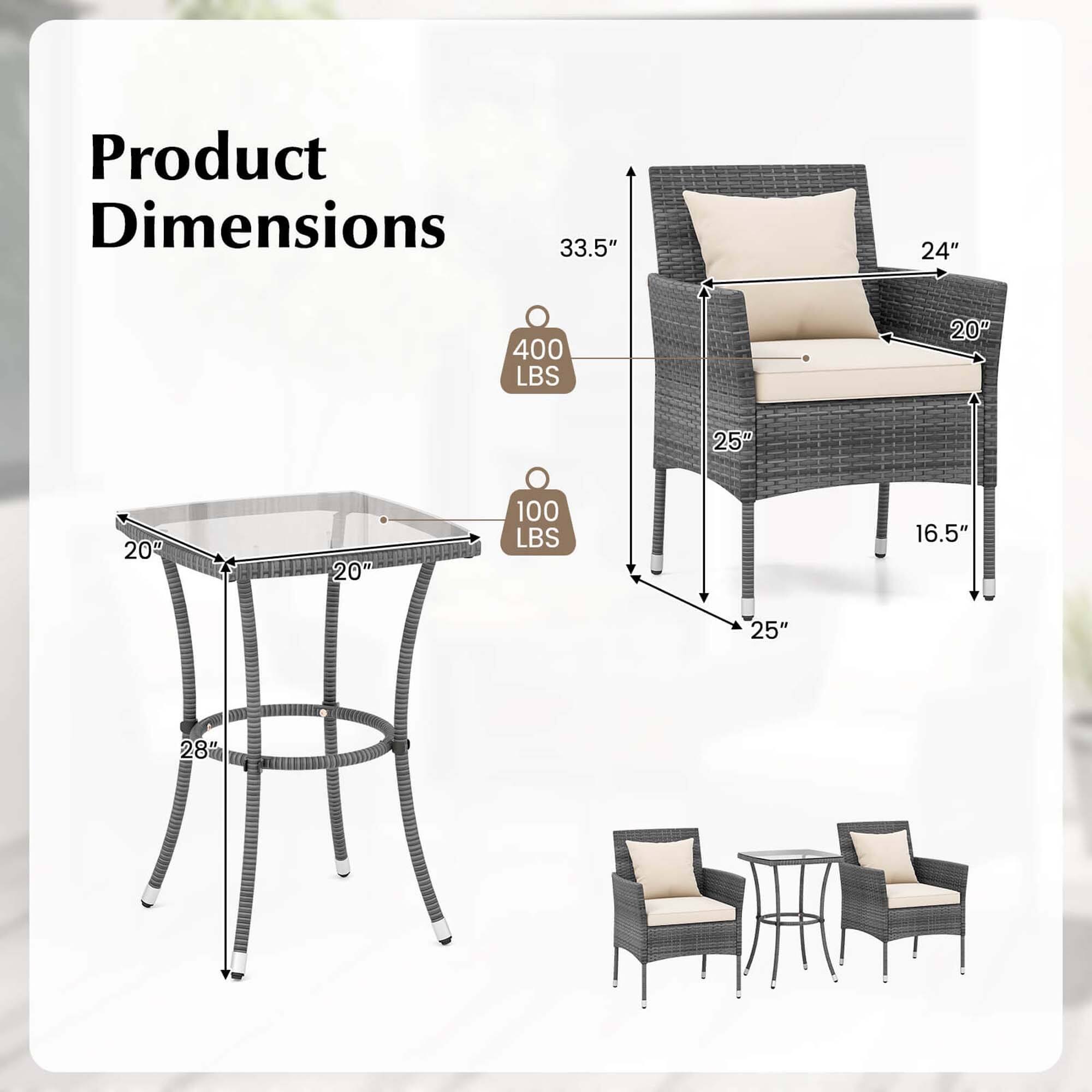 Product Dimensions:
- Table: 33.5" x 24" x 400 LBS
- Chair: 20" x 25" x 20" x 20" x 20" x 100 LBS
- Chair: 16.5" x 25" x 28