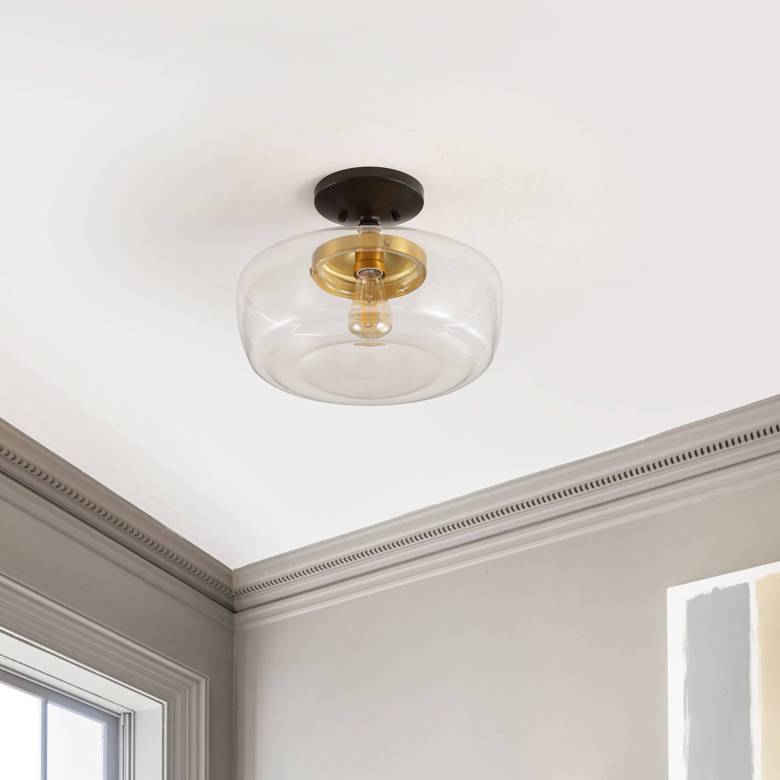 Alt View 5. Jonathan Y - Marfa 14" 1-Light Modern Farmhouse Schoolhouse Frosted Glass/Metal LED Semi Flush Mount, Oil Rubbed Bronze/Brass Gold - Oil Rubbed Bronze/Brass Gold.