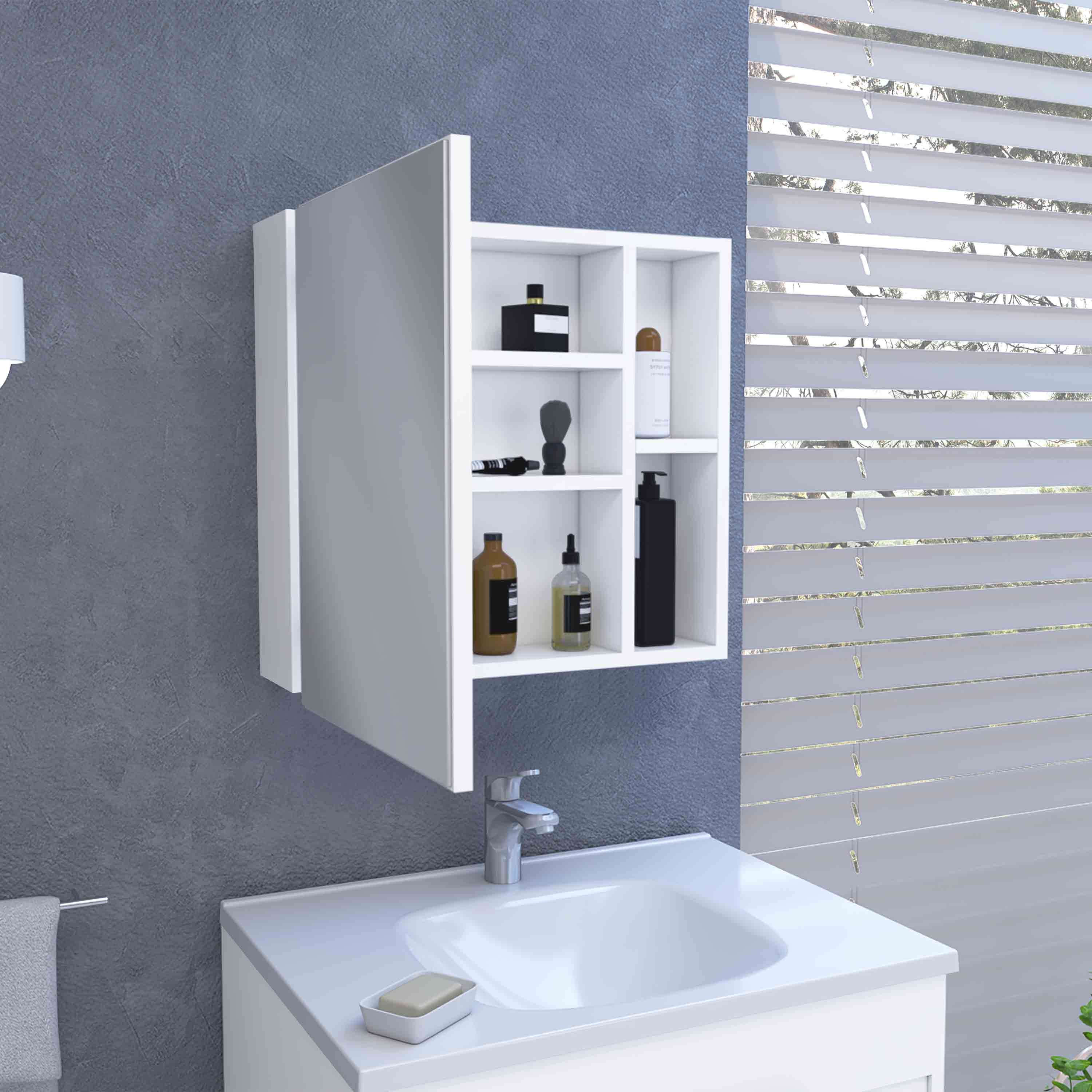 Left. TuHome - Oman Medicine Cabinet, Three Internal Shelves, Single Door, Two External Shelves - White.