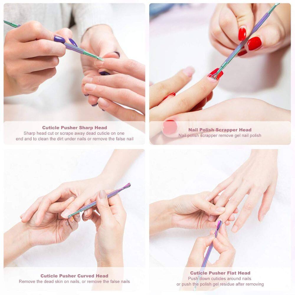 Cuticle Pusher Sharp Head  
Sharp head cut or scrape away dead cuticle on one end and to clean the dirt under nails or remove the false nail  

Nail Polish Scraper Head  
Nail polish scraper remove gel nail polish  

Cuticle Pusher Curved Head  
Remove the dead skin on nails, or remove the false nails  

Cuticle Pusher Flat Head  
Push down cuticles around nails or push the polish gel residue after removing