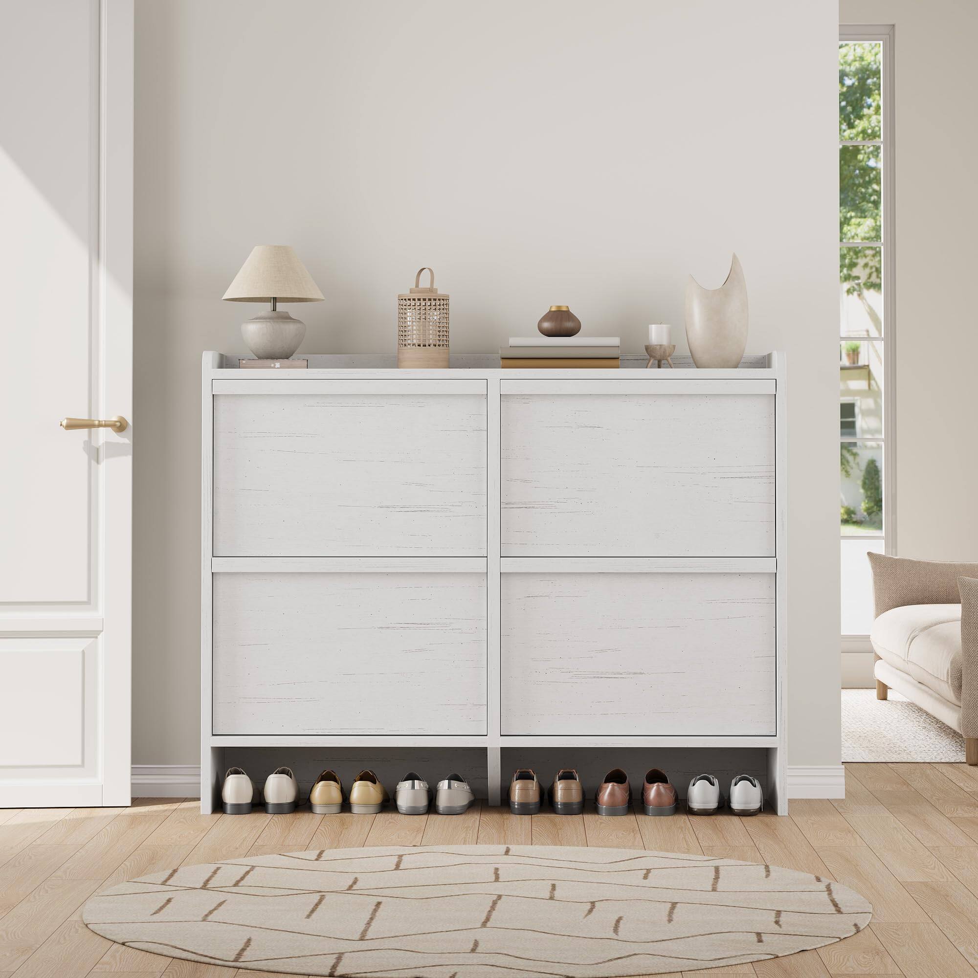 Left. Babevy - Shoe Cabinet with 4 Flip Drawers & Adjustable Shelf, Wooden Large Hidden Shoe Storage for Entryway or Hallway - White.