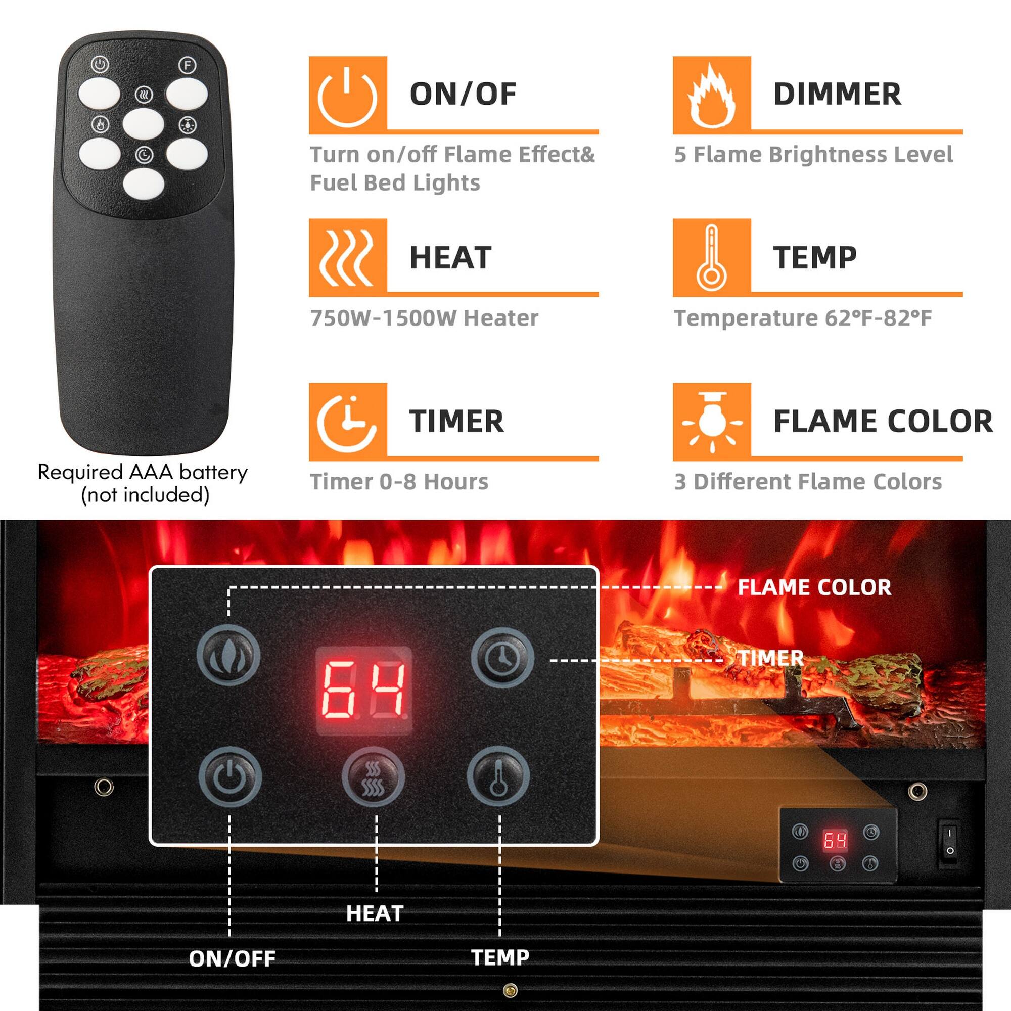 OZ  
F  
ON/OF  
DIMMER  
Turn on/off Flame Effect & Fuel Bed Lights  
5 Flame Brightness Level  
HEAT  
TEMP  
750W-1500W Heater  
Temperature 62F-82F  
TIMER  
FLAME COLOR  
Required AAA battery (not included)  
Timer 0-8 Hours  
3 Different Flame Colors  
FLAME COLOR  
TIMER  
HEAT  
ON/OFF  
TEMP