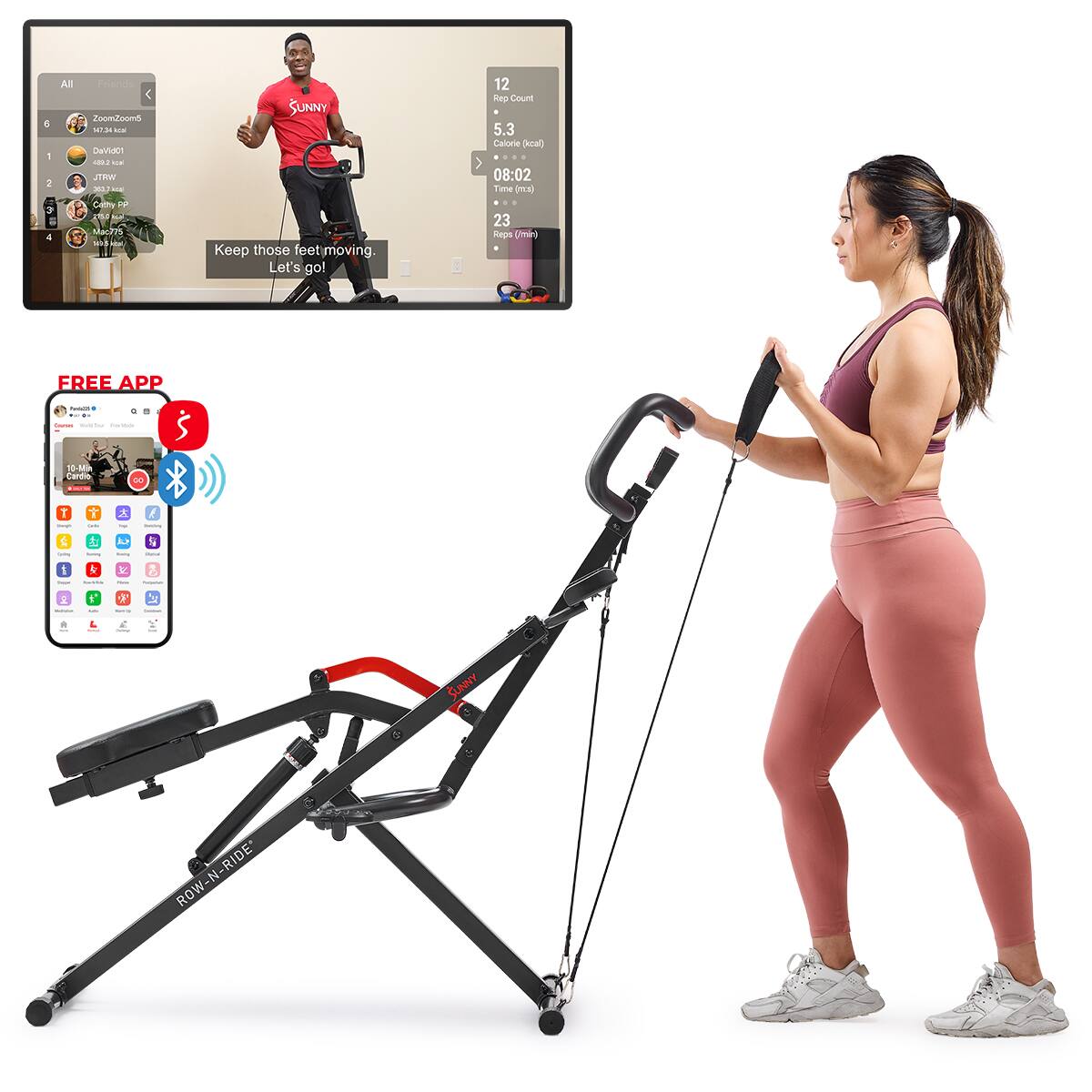 A 1 : 4 All ZoomZone5 - David/D101 e JTRW - Cabo of I E nan 1 - SUNNY Keep those feet moving. Let's go! 12  Reps Count 5.3 Calorie (caly .... + 08:02 Time (min) 23 Reps/min FREE APP - - - - - - 10-M Cando - D0 T i - T I L  - A : I la - 1 &  7 - I 5 * 5 SUNNY ROW-N-RIDE