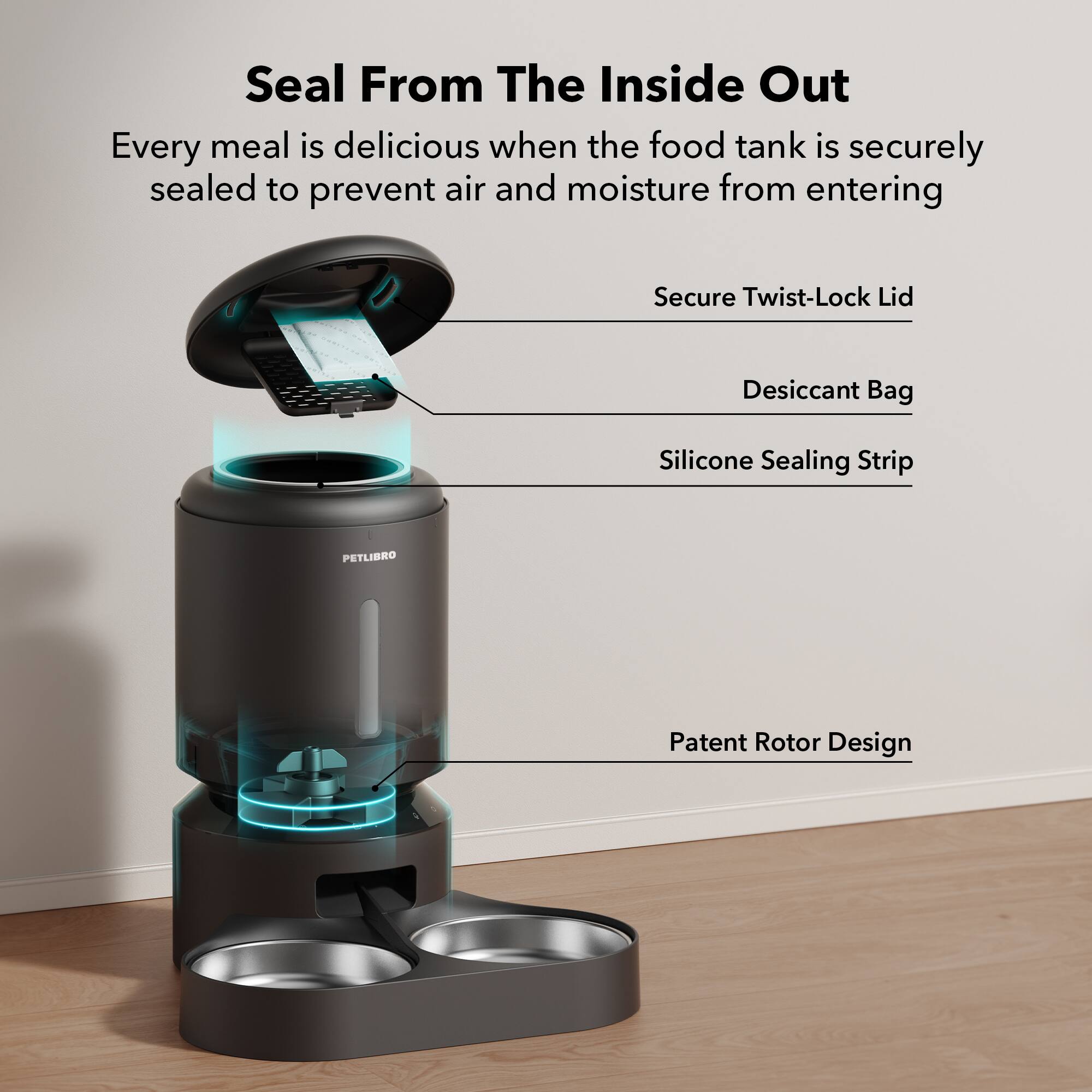 Seal From The Inside Out: Every meal is delicious when the food tank is securely sealed to prevent air and moisture from entering. Secure Twist-Lock Lid: The lid is designed to be securely locked to prevent any accidental spills or leaks. Desiccant Bag: The desiccant bag helps to absorb any moisture that may enter the food tank, ensuring that the food remains fresh and dry. Silicone Sealing Strip: The silicone sealing strip is used to create a tight seal between the lid and the food tank, preventing any air or moisture from entering. Patent Rotor Design: The rotor design is a unique feature of this food tank, providing efficient and even cooking.
