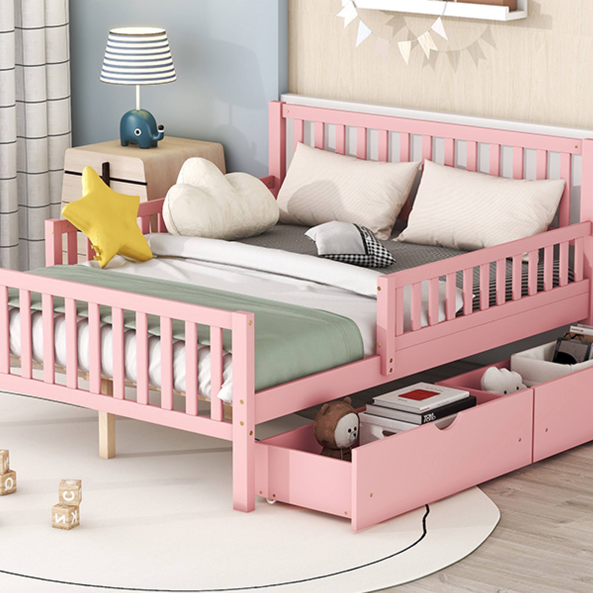 Alt View 9. GOODSILO - Full Size Wood Platform Bed with Guardrails, Storage Drawers, and Minimalist Headboard for Modern Bedrooms - Pink.