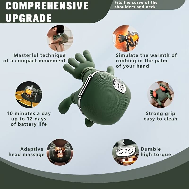 COMPREHENSIVE UPGRADE

- Fits the curve of the shoulders and neck
- Masterful technique of a compact movement
- Simulate the warmth of rubbing in the palm of your hand
- 10 minutes a day up to 12 days of battery life
- Adaptive head massage
- Strong grip easy to clean
- Durable high torque