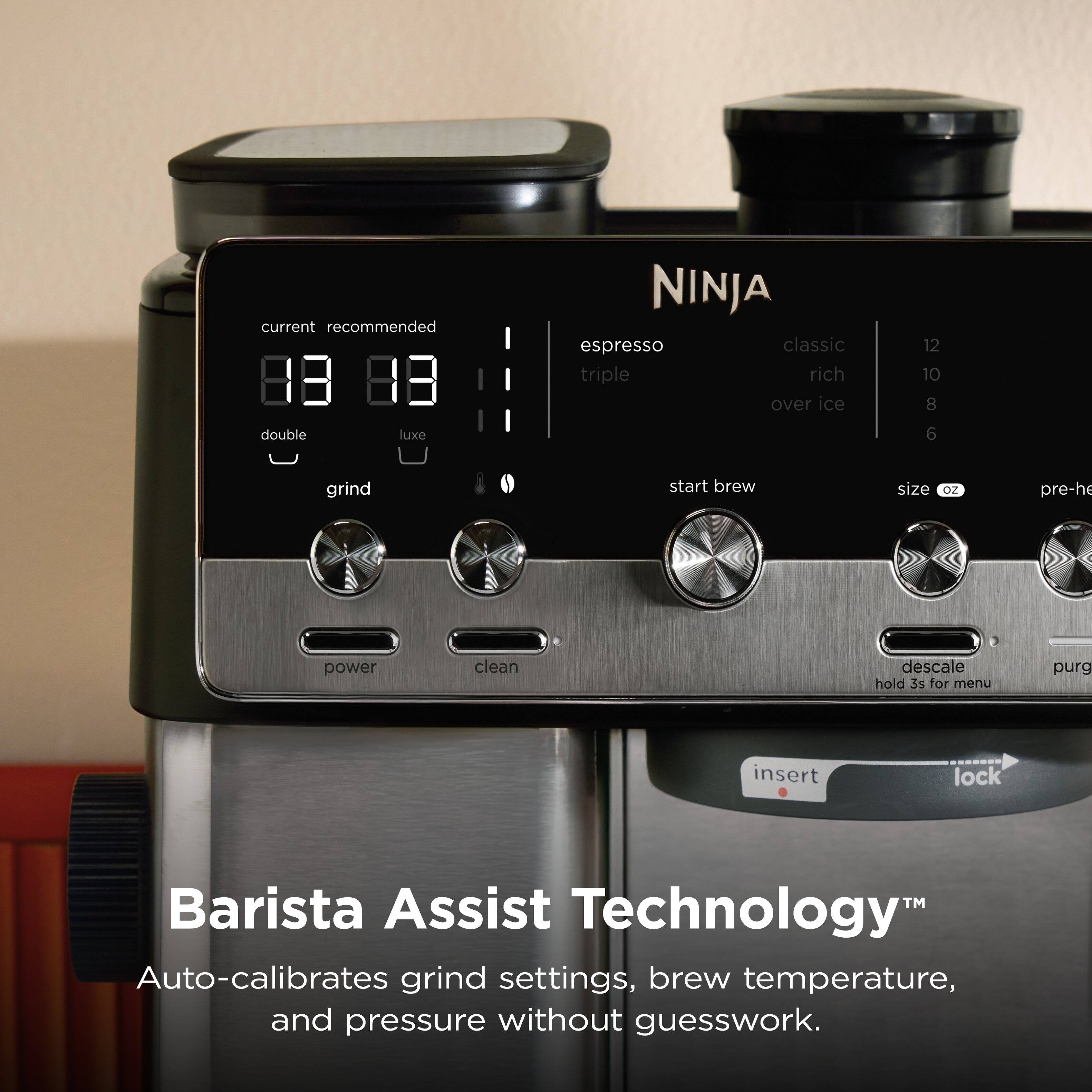 current recommended NINJA espresso classic triple rich over ice 12 10 8 double luxe 6 grind start brew size oz pre-he power clean descale hold 3s for menu purg insert lock Barista Assist Technology Auto-calibrates grind settings, brew temperature, and pressure without guesswork.