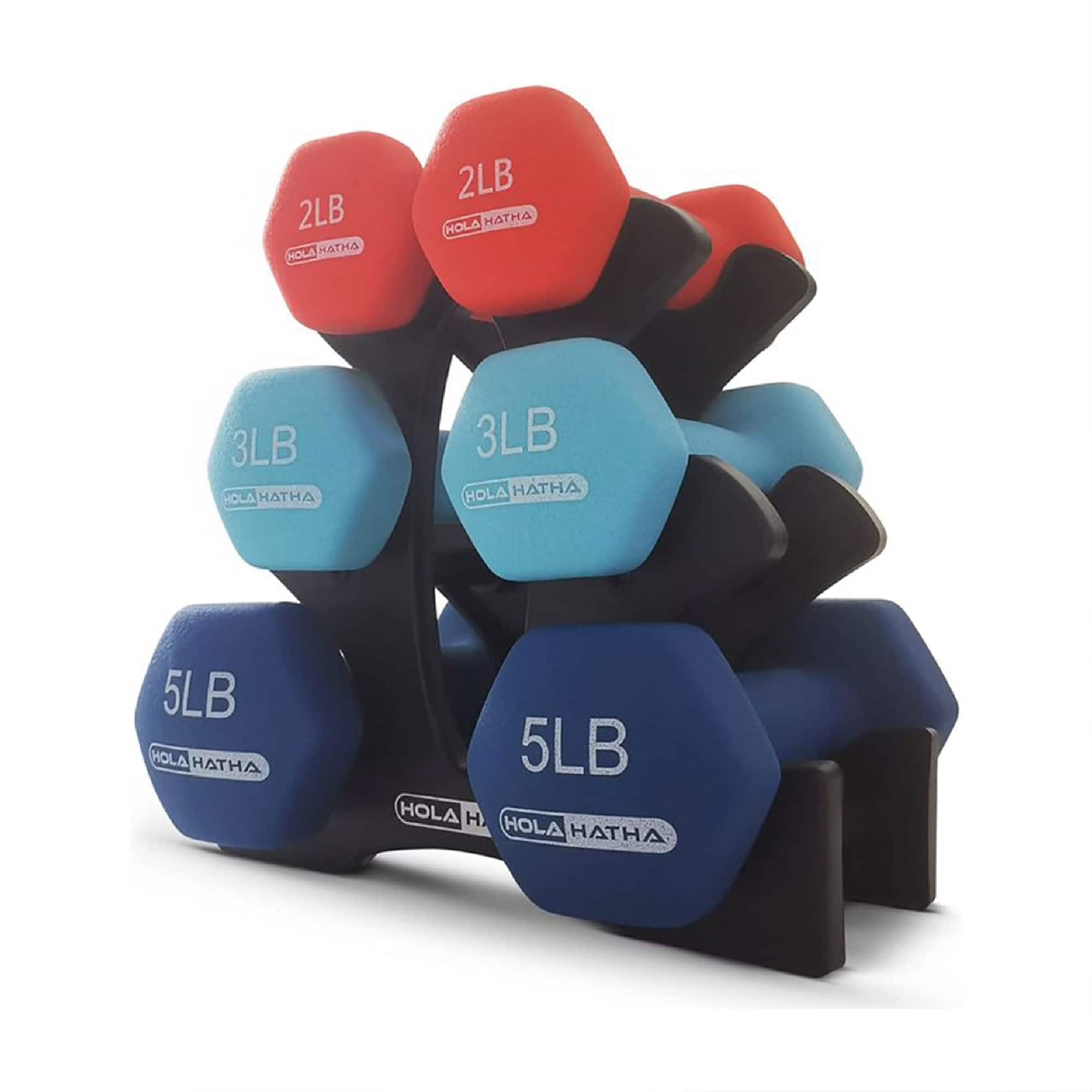 HolaHatha - 2, 3, & 5 Lb Neoprene Dumbbell Free Hand Weight Set w/ Rack, Red/Blue - Blue/Red